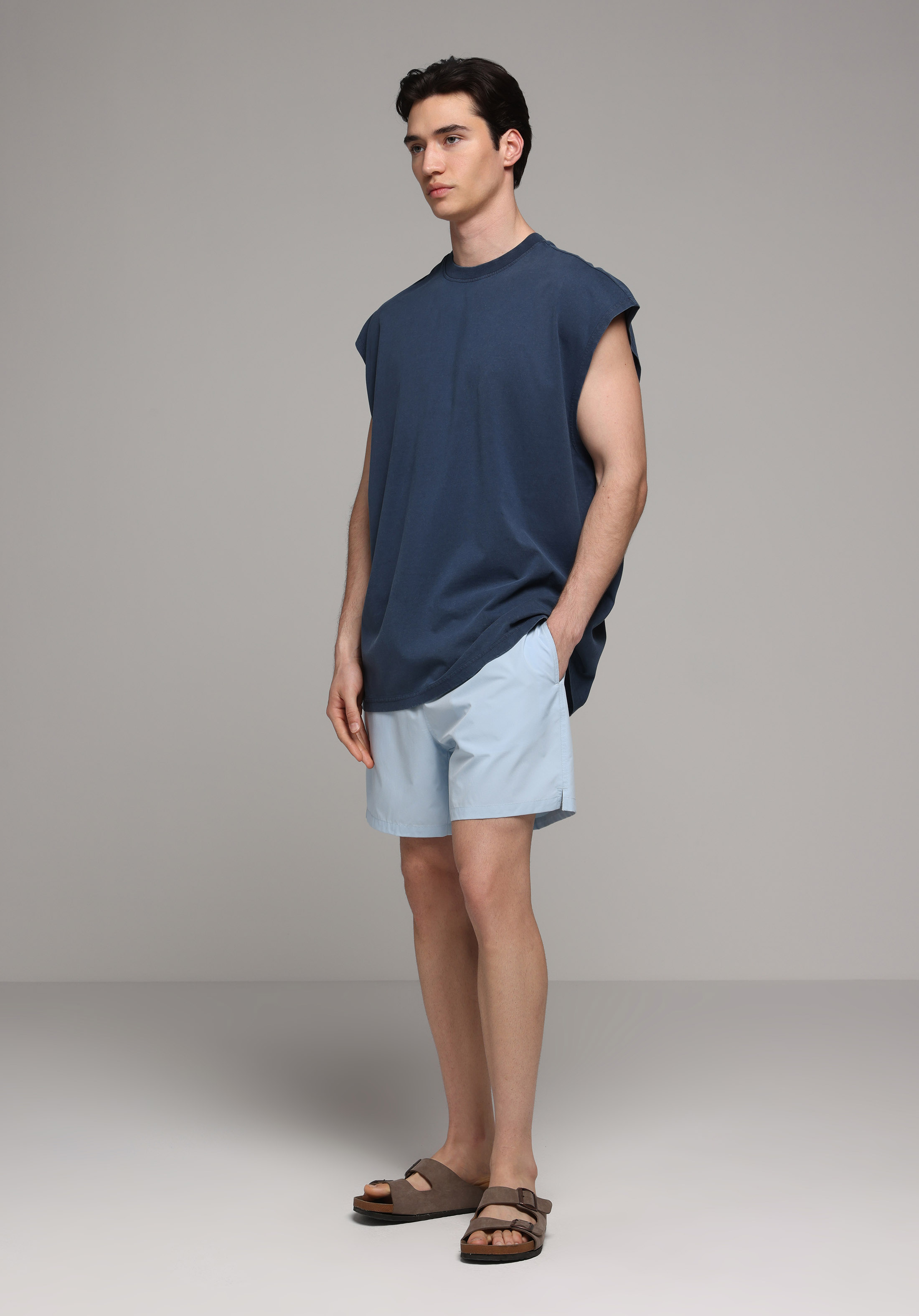Slim Fit Düz Erkek Mavi Deniz Şortu
