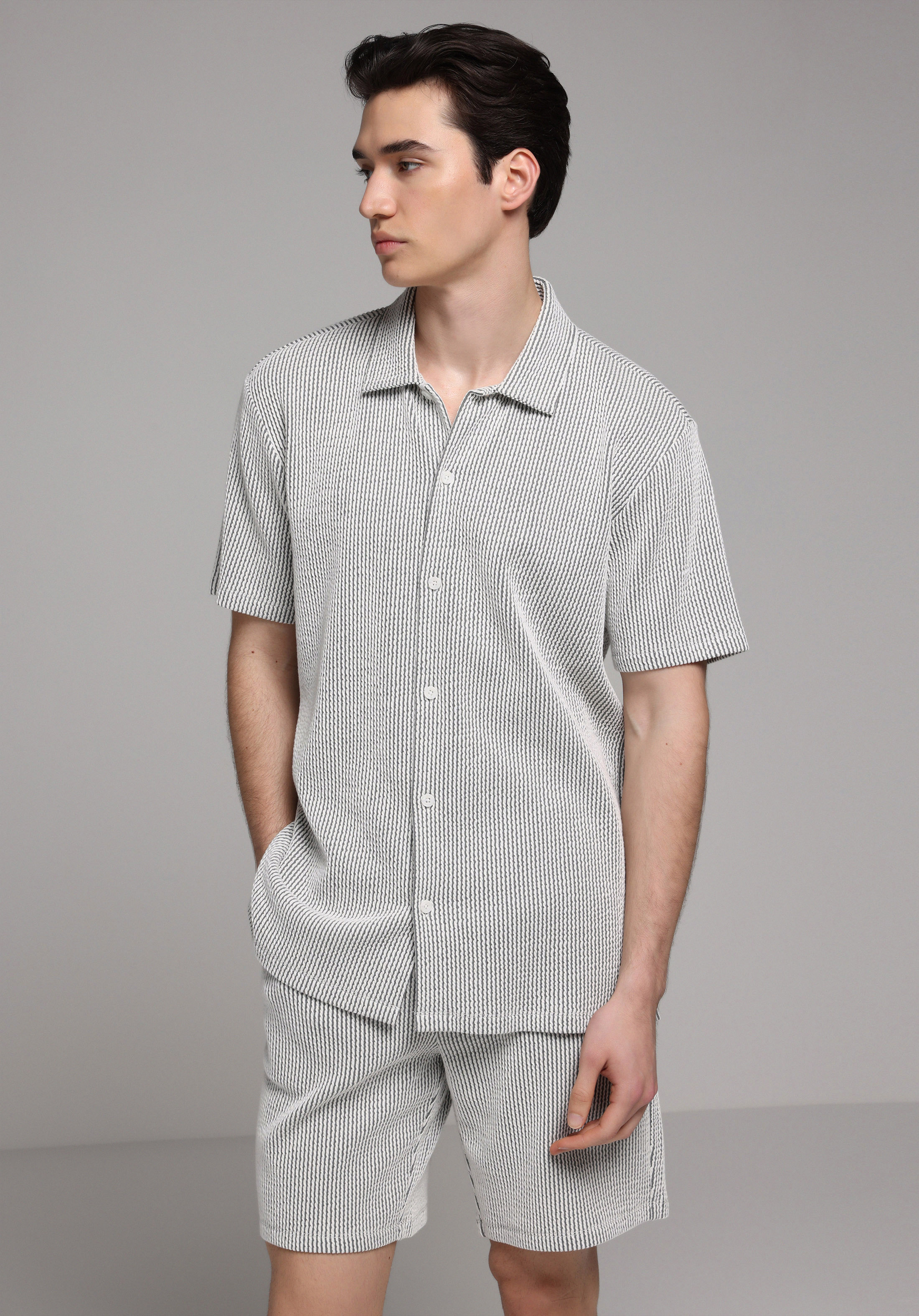 Regular Fit Polo Yaka Çizgili Erkek Gri Kısa Kol Tişört