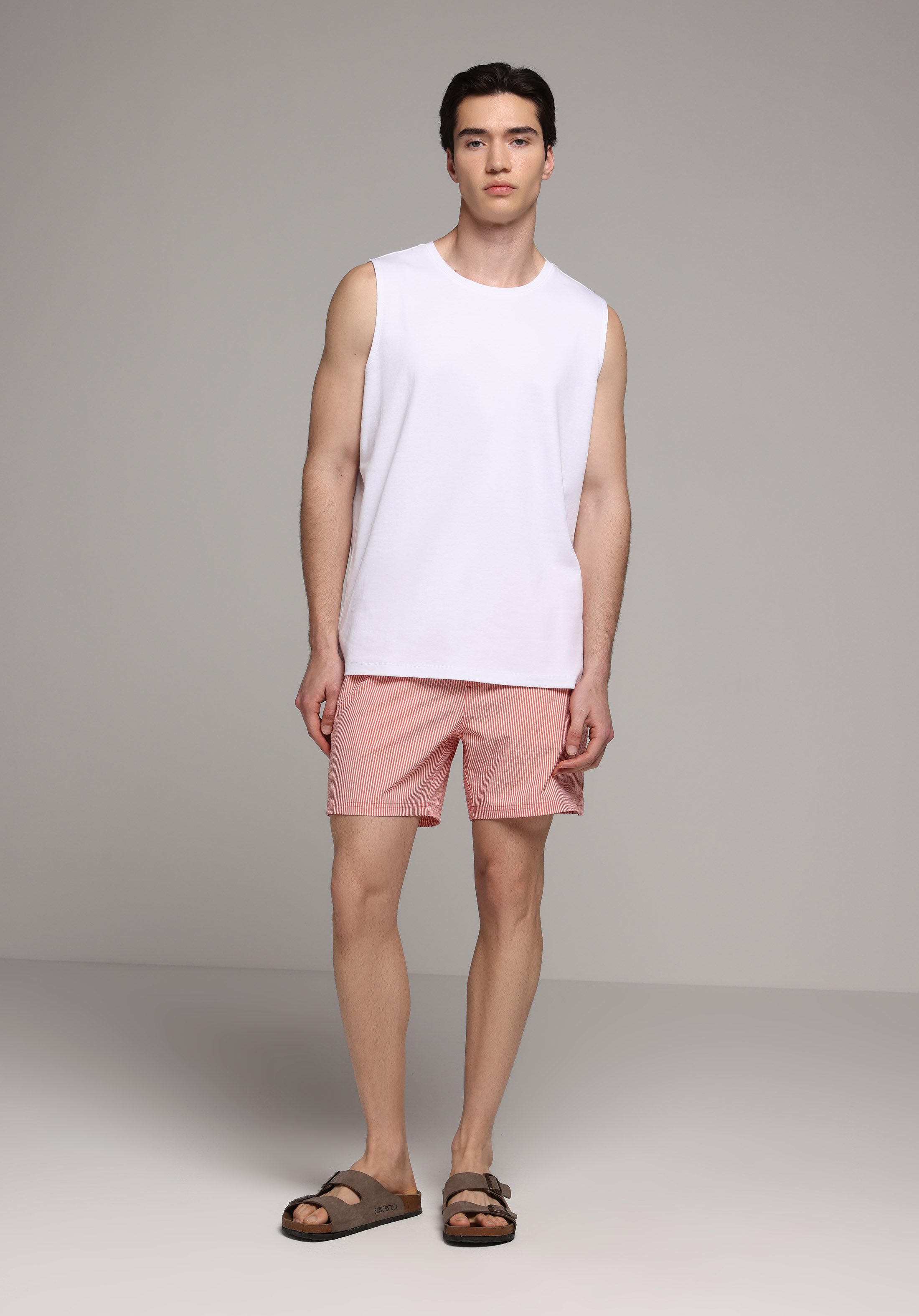 Slim Fit Çizgili Erkek Kirmizi Deniz Şortu