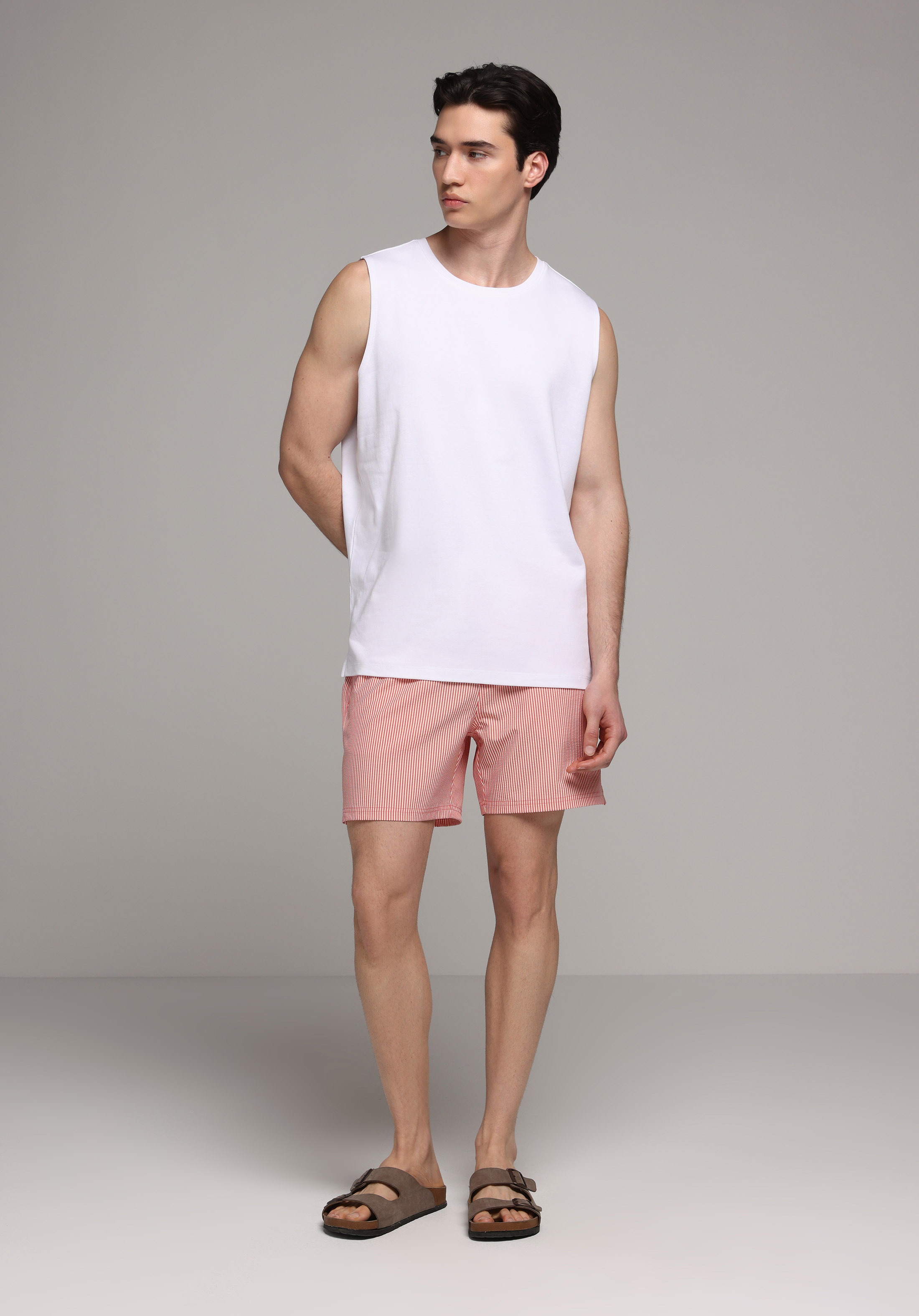 Slim Fit Çizgili Erkek Kirmizi Deniz Şortu