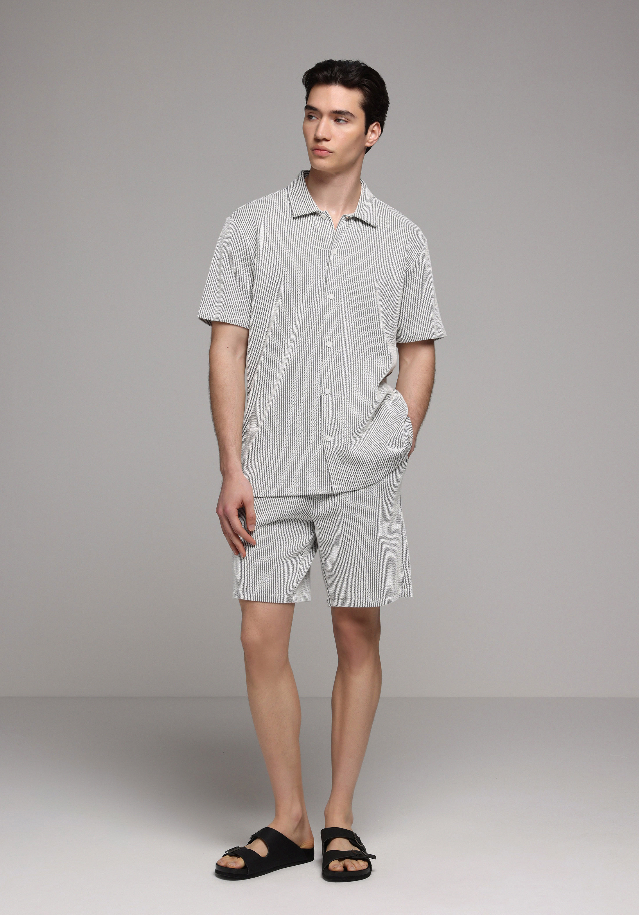 Regular Fit Orta Bel Çizgili Erkek Gri Şort