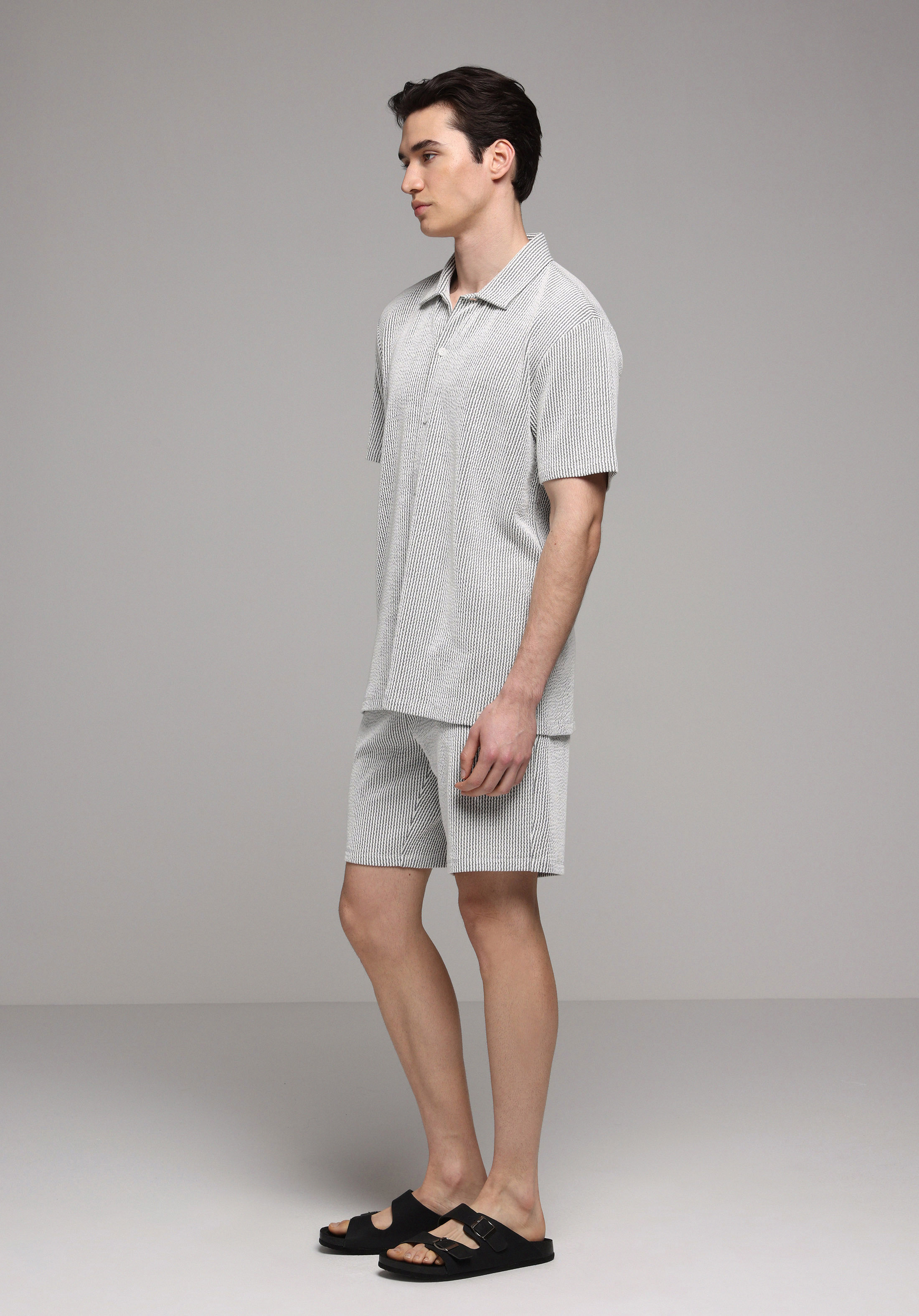 Regular Fit Orta Bel Çizgili Erkek Gri Şort