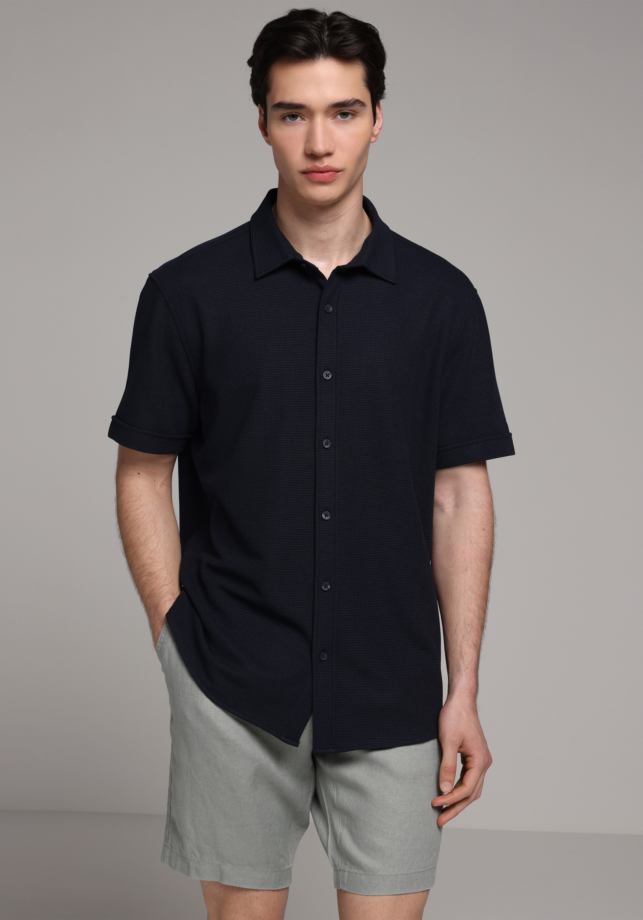 Regular Fit Shirt Neck Düz Erkek Lacivert Uzun Kol Gömlek