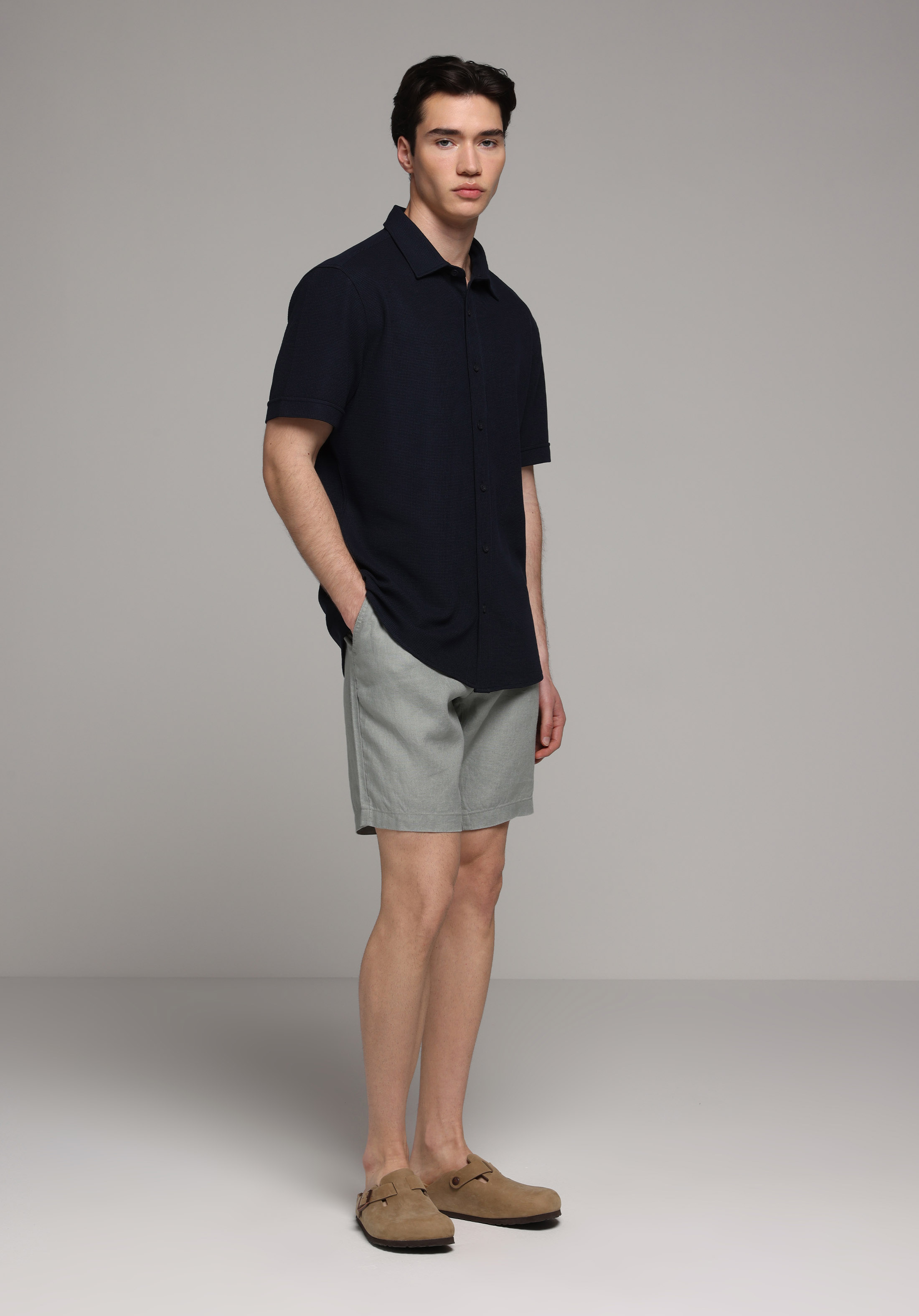 Regular Fit Shirt Neck Düz Erkek Lacivert Uzun Kol Gömlek