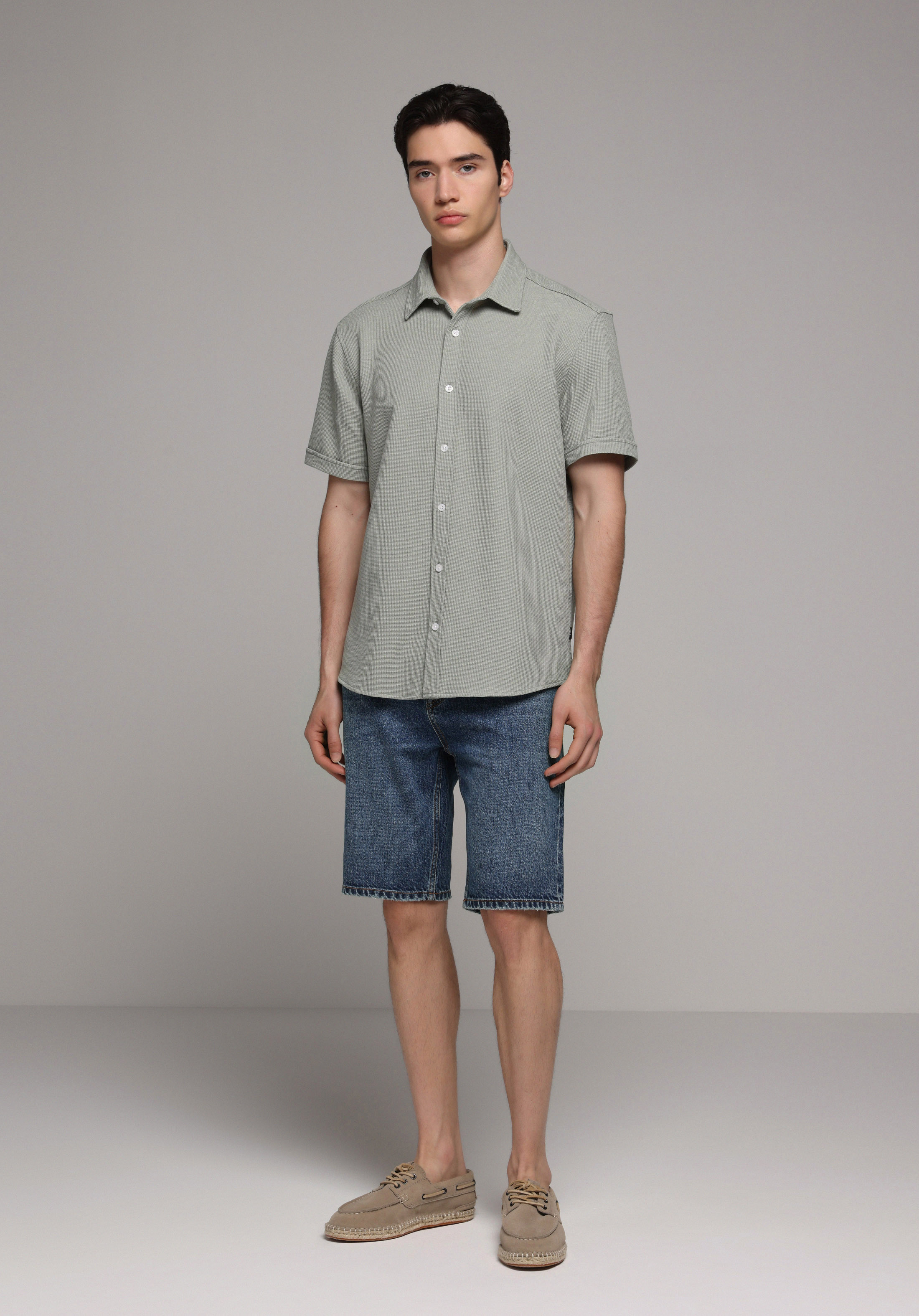 Regular Fit Shirt Neck Düz Erkek Yeşil Uzun Kol Gömlek