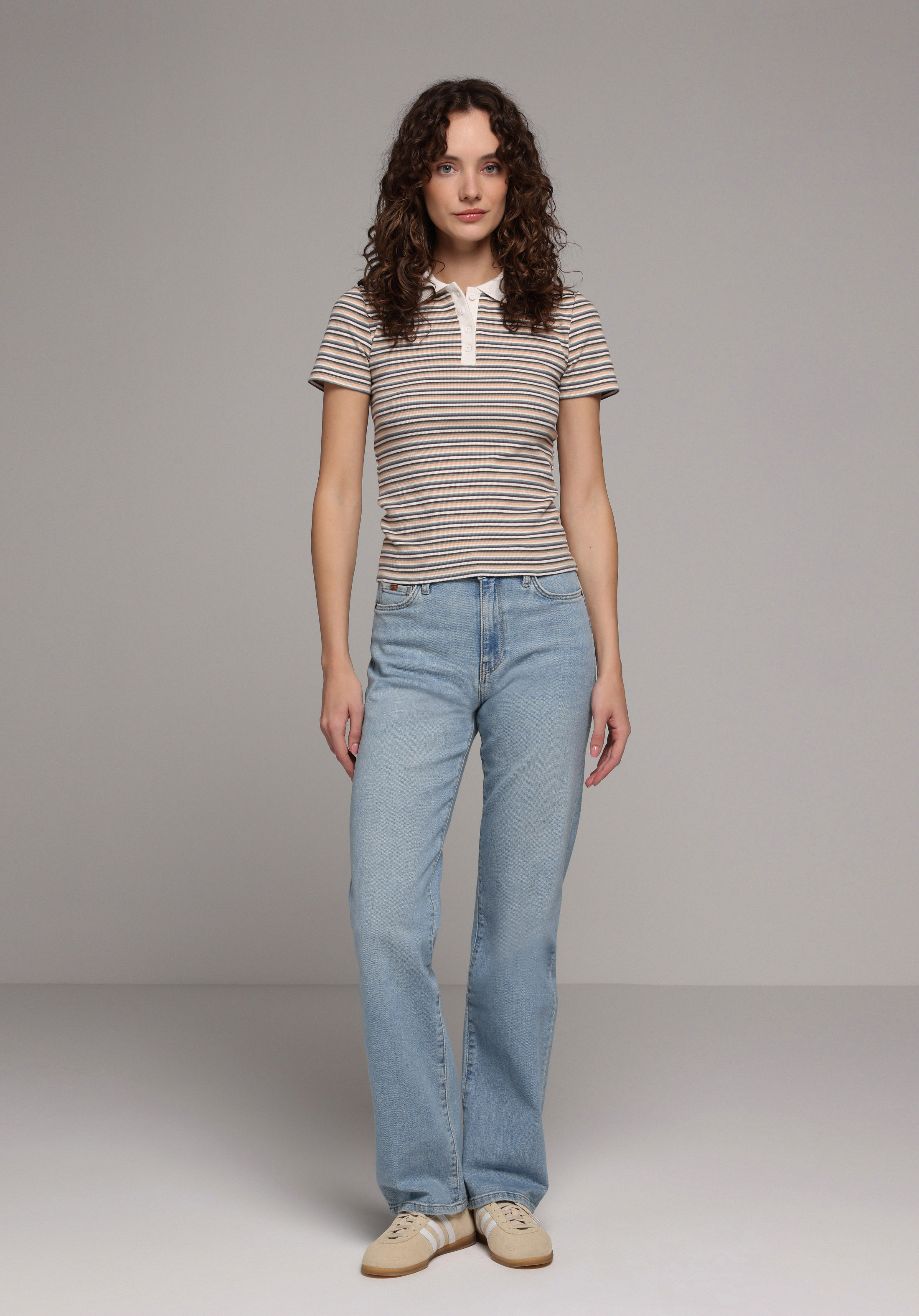 Slim Fit Polo Yaka Çizgili Kadın Yeşil Kısa Kol Tişört