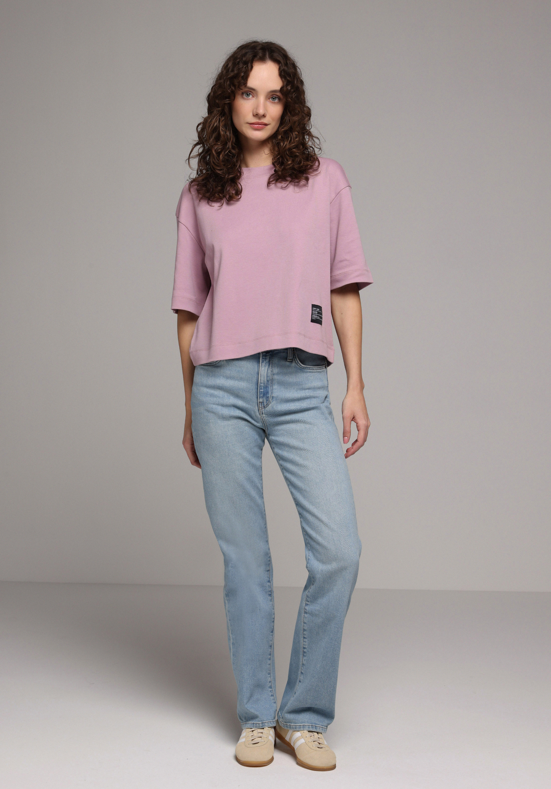 Oversize Fit Yuvarlak Yaka Düz Kadın Mor Kısa Kol Tişört