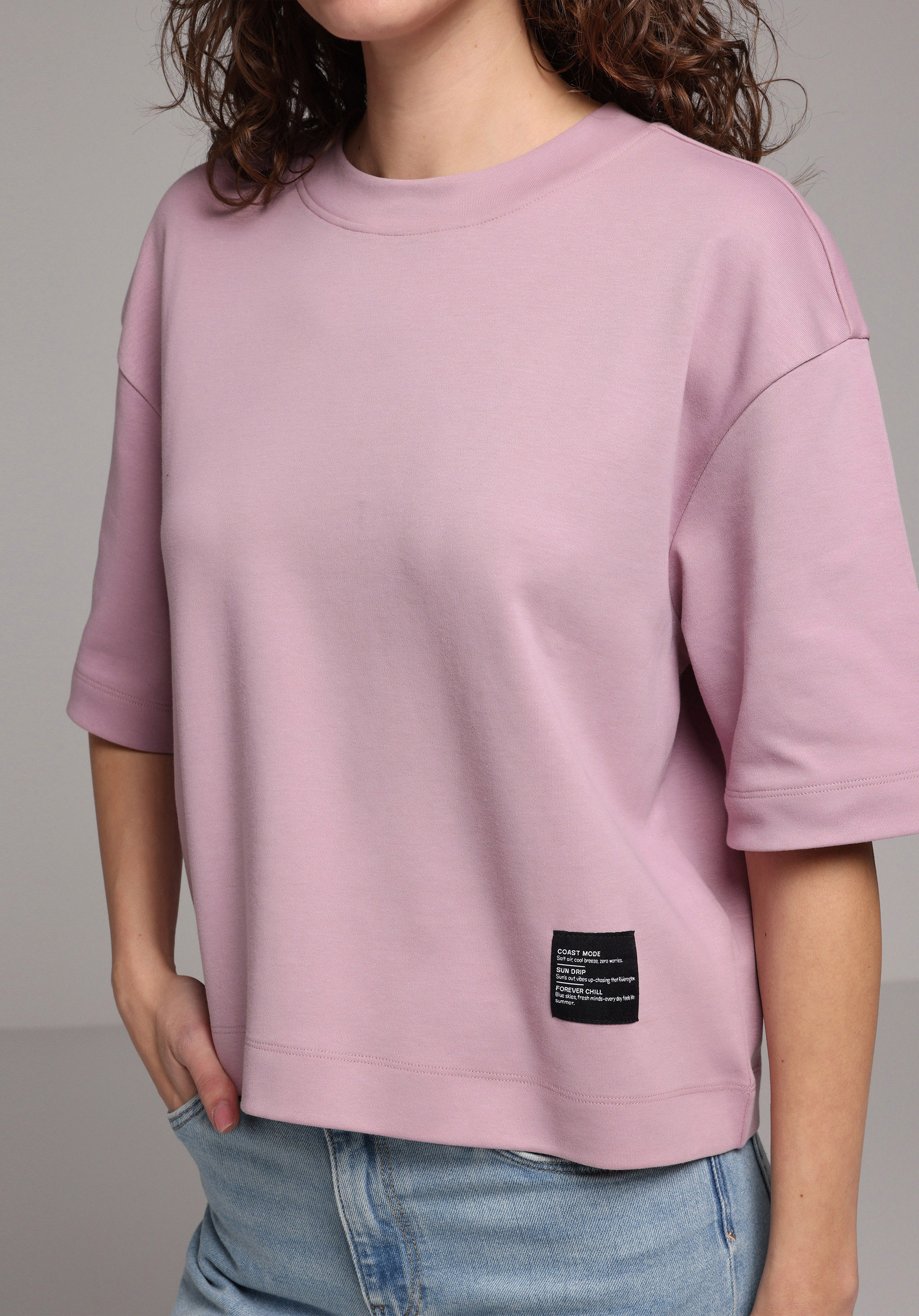 Oversize Fit Yuvarlak Yaka Düz Kadın Mor Kısa Kol Tişört