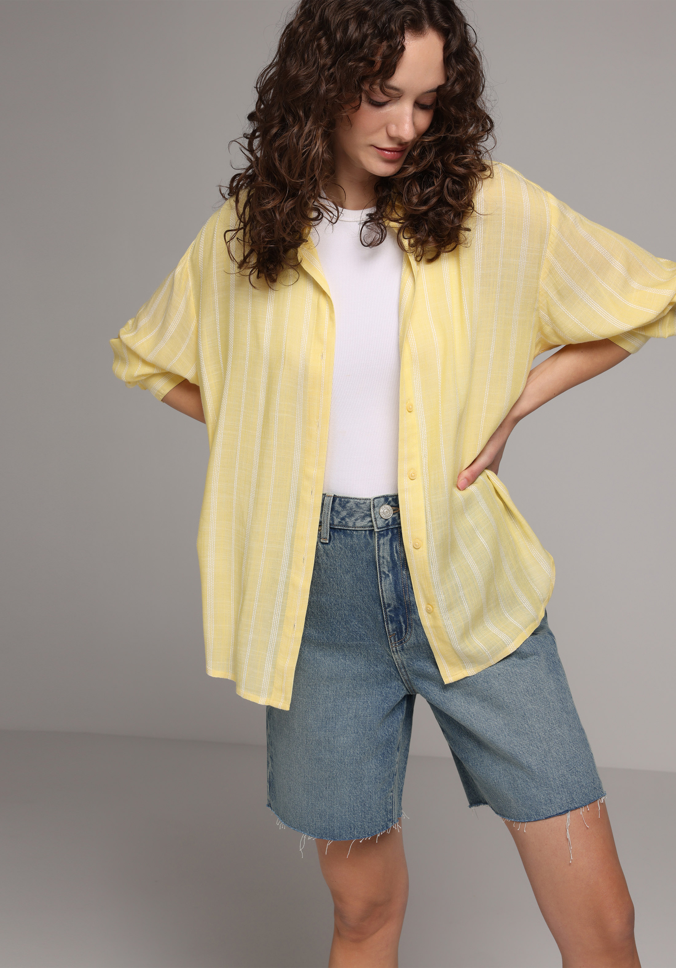 Boyfriend Fit Shirt Neck Çizgili Kadın Sari Uzun Kol Gömlek