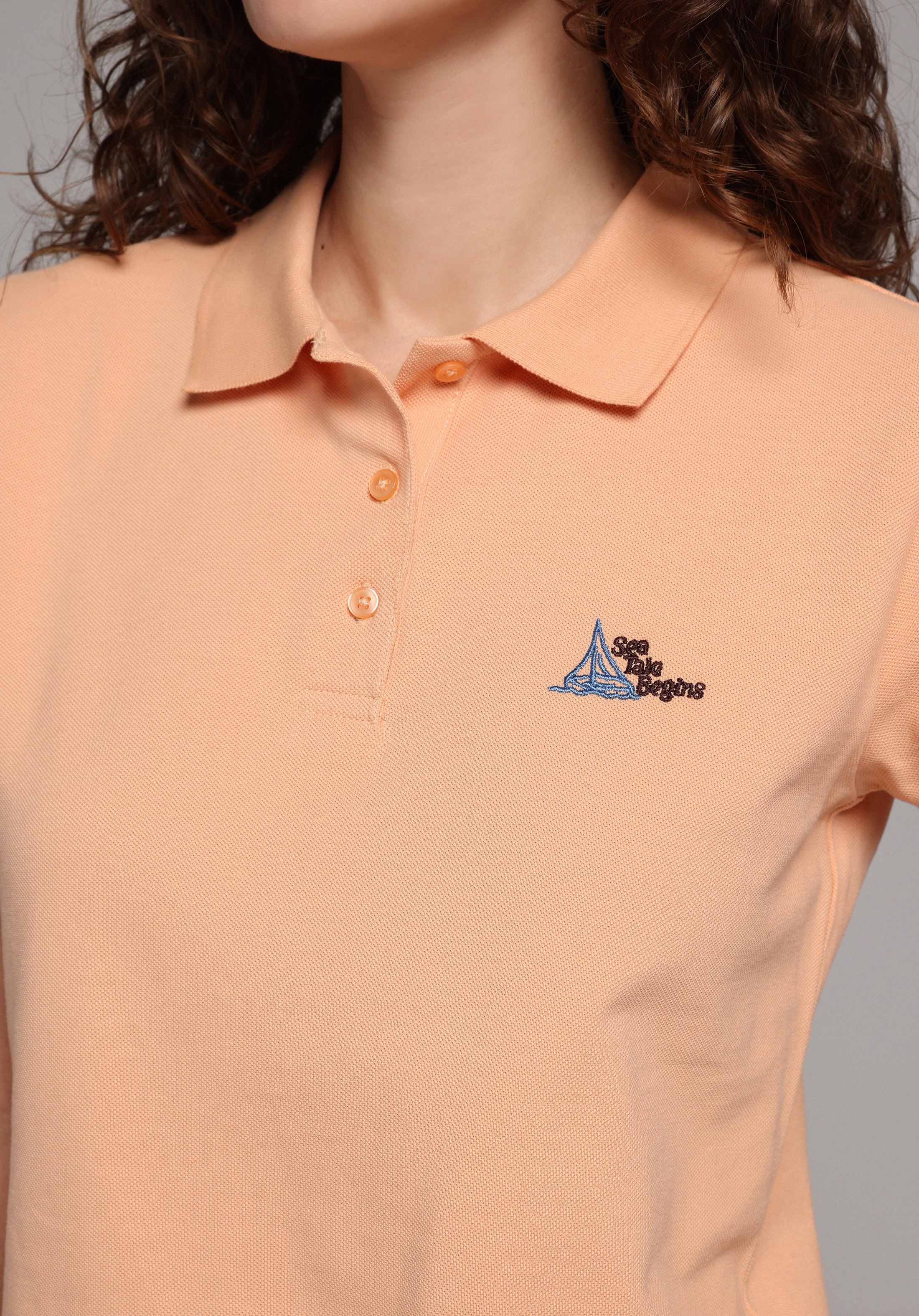Regular Fit Polo Yaka Nakışlı Kadın Turuncu Kısa Kol Tişört