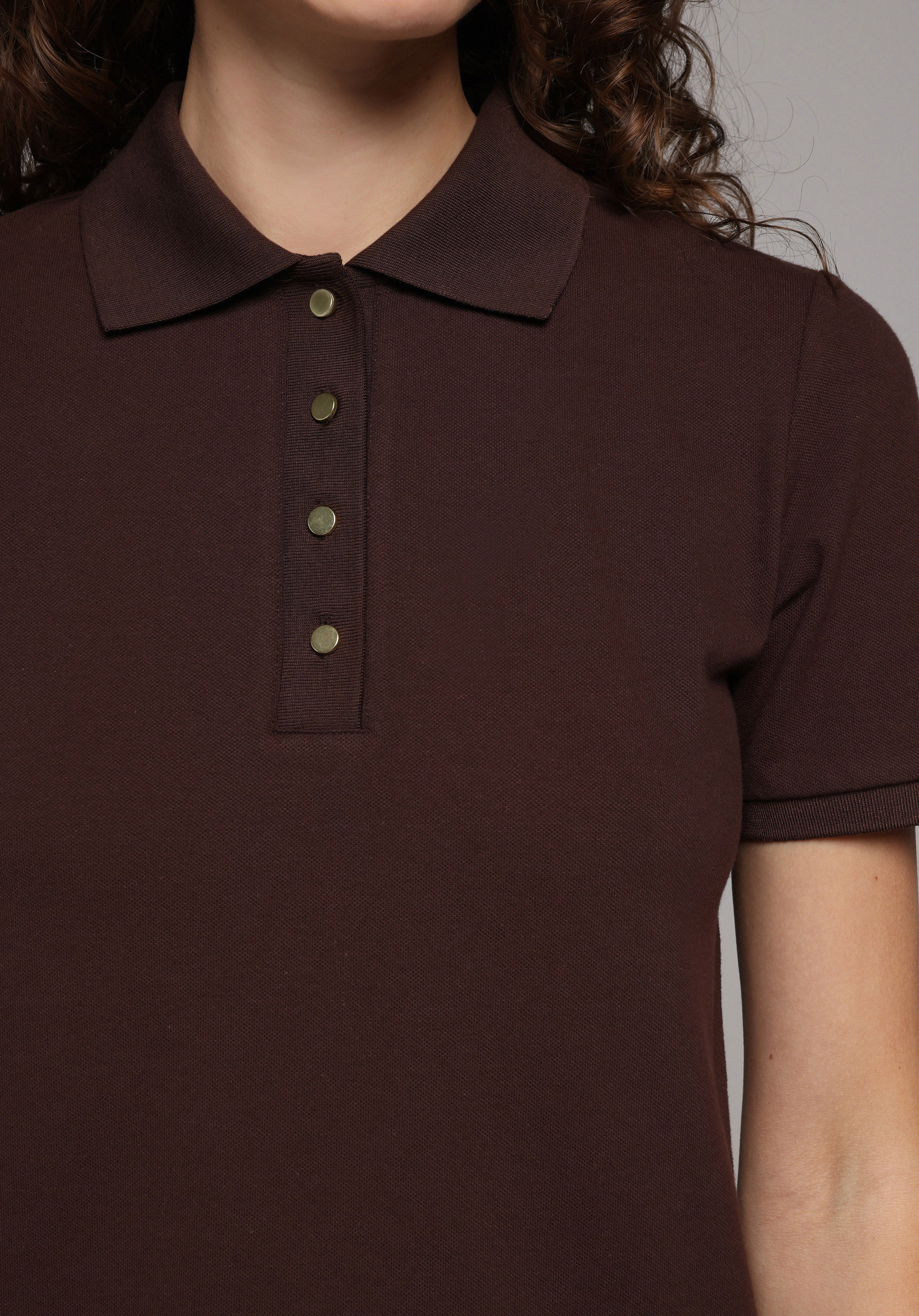 Slim Fit Polo Yaka Düz Kadın Kahverengi Kısa Kol Tişört
