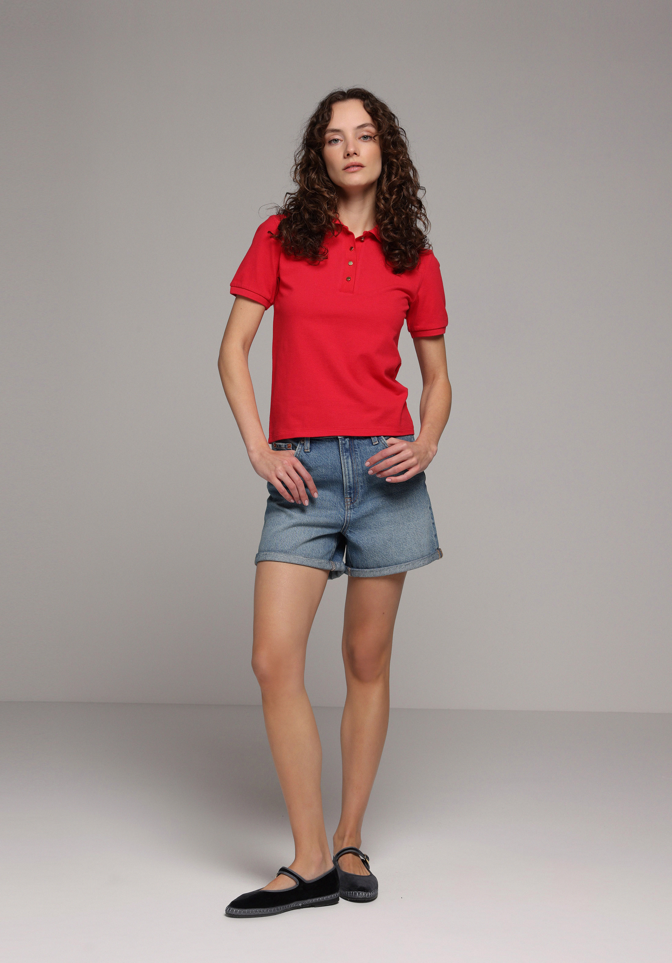 Slim Fit Polo Yaka Düz Kadın Kirmizi Kısa Kol Tişört