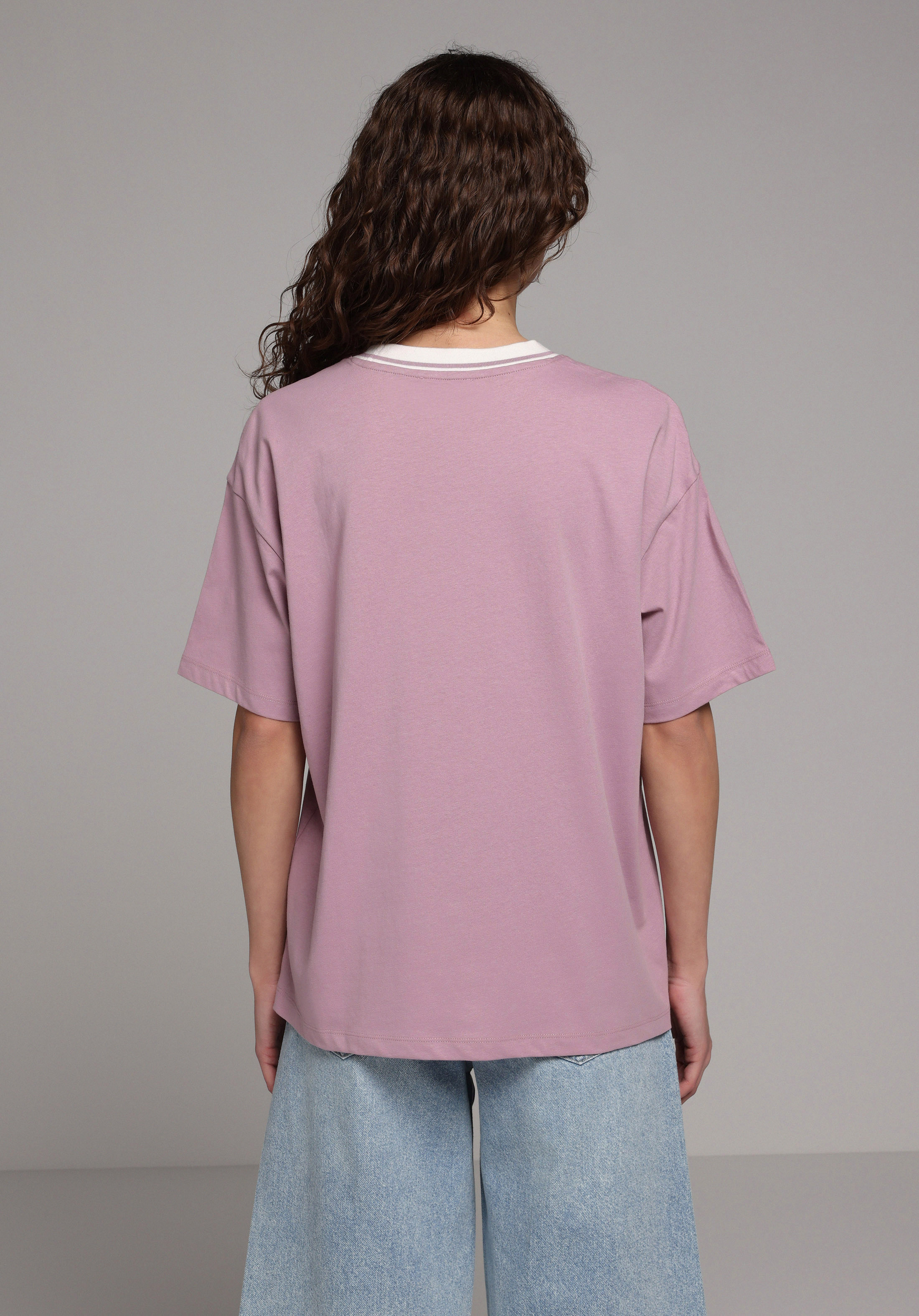 Oversize Fit Yuvarlak Yaka Düz Kadın Mor Kısa Kol Tişört