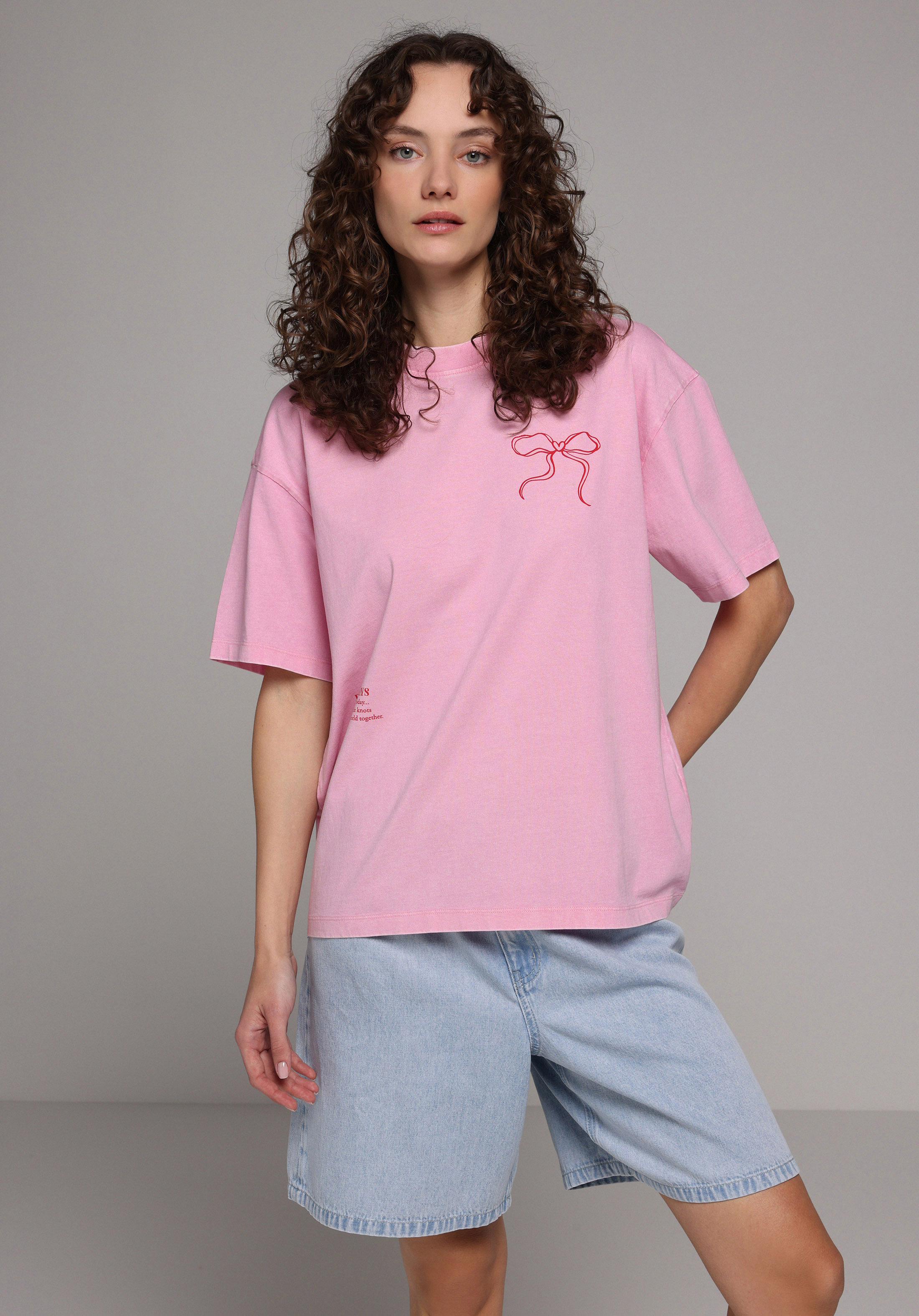 Oversize Fit Yuvarlak Yaka Düz Kadın Pembe Kısa Kol Tişört