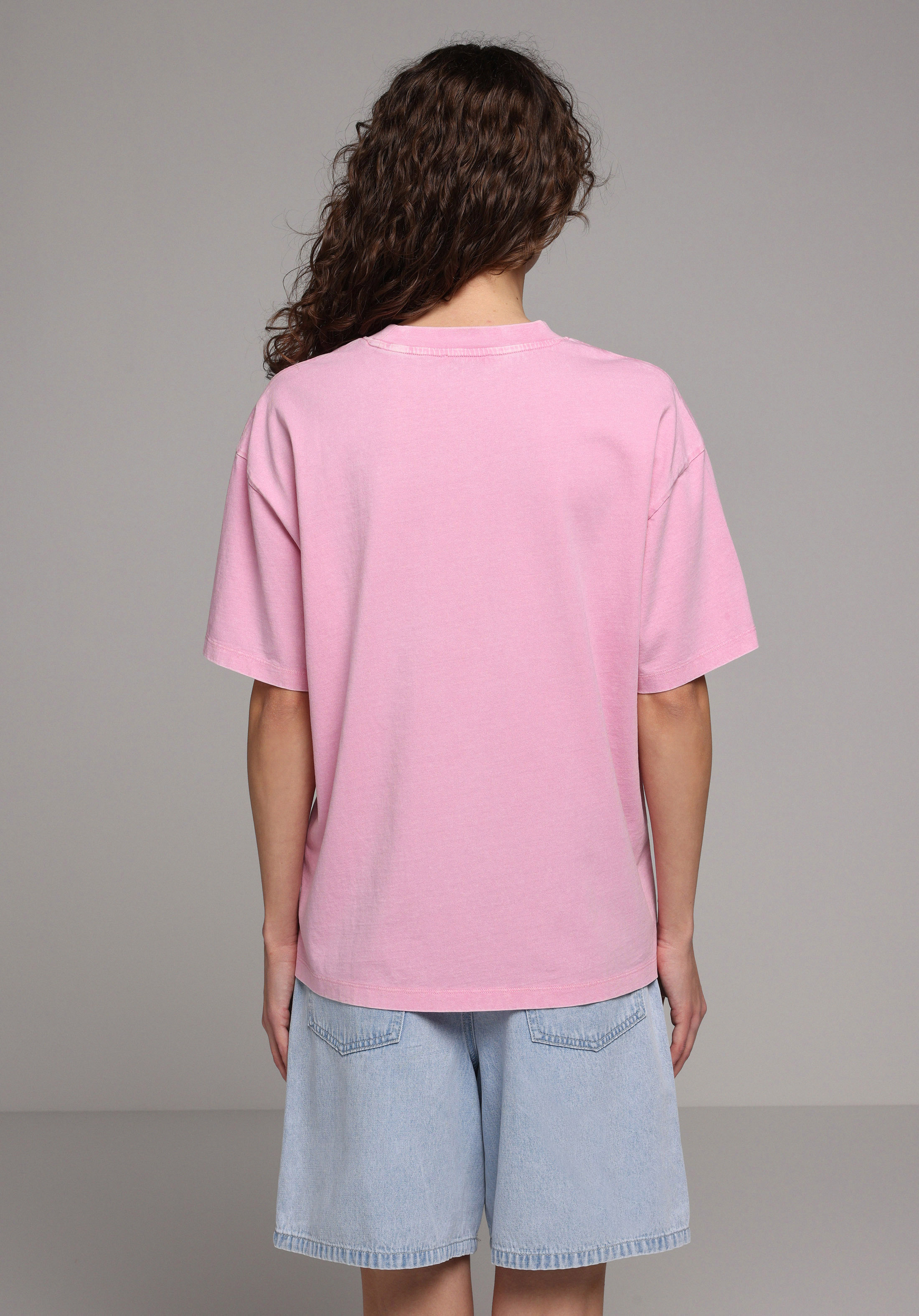 Oversize Fit Yuvarlak Yaka Düz Kadın Pembe Kısa Kol Tişört