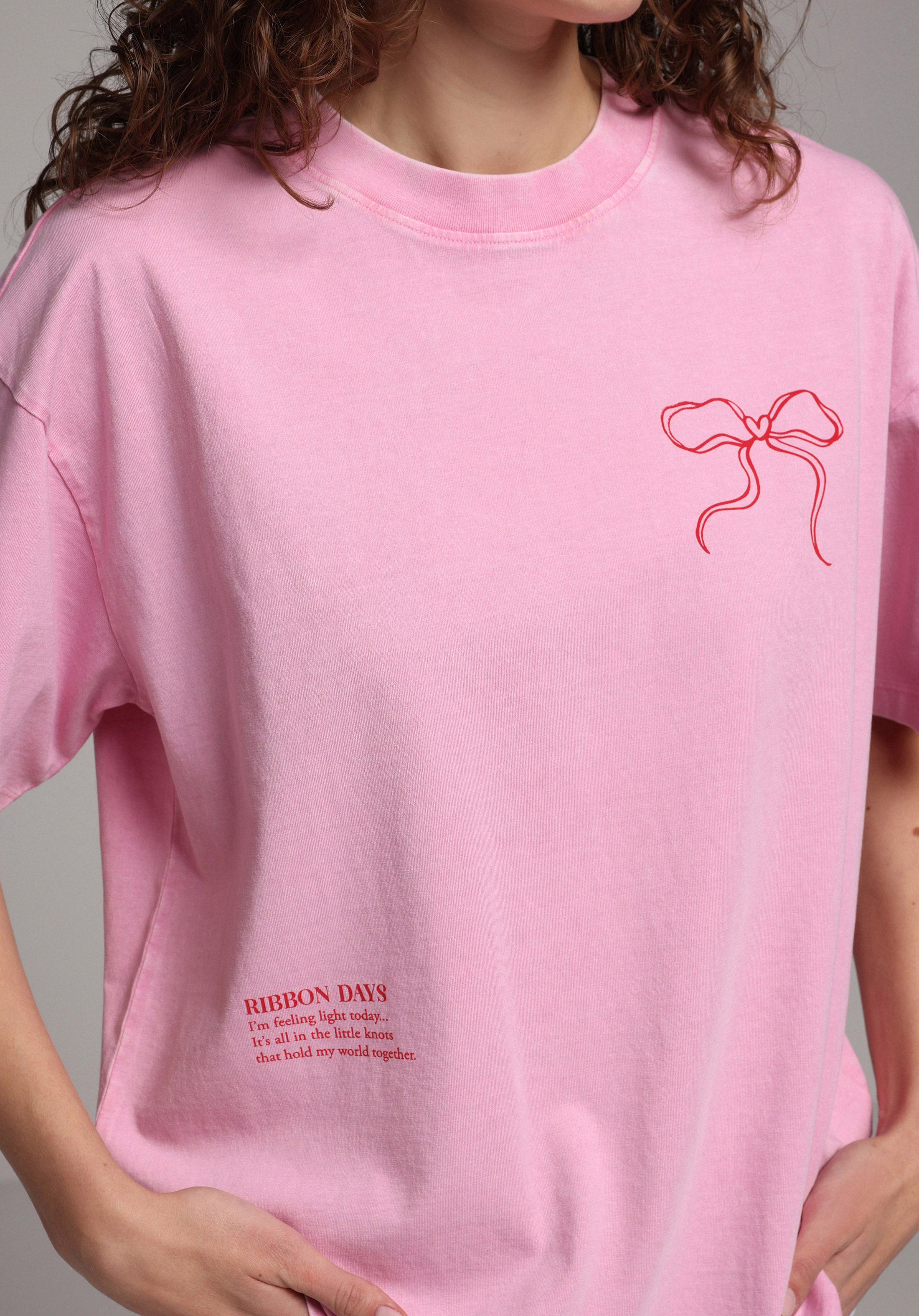 Oversize Fit Yuvarlak Yaka Düz Kadın Pembe Kısa Kol Tişört