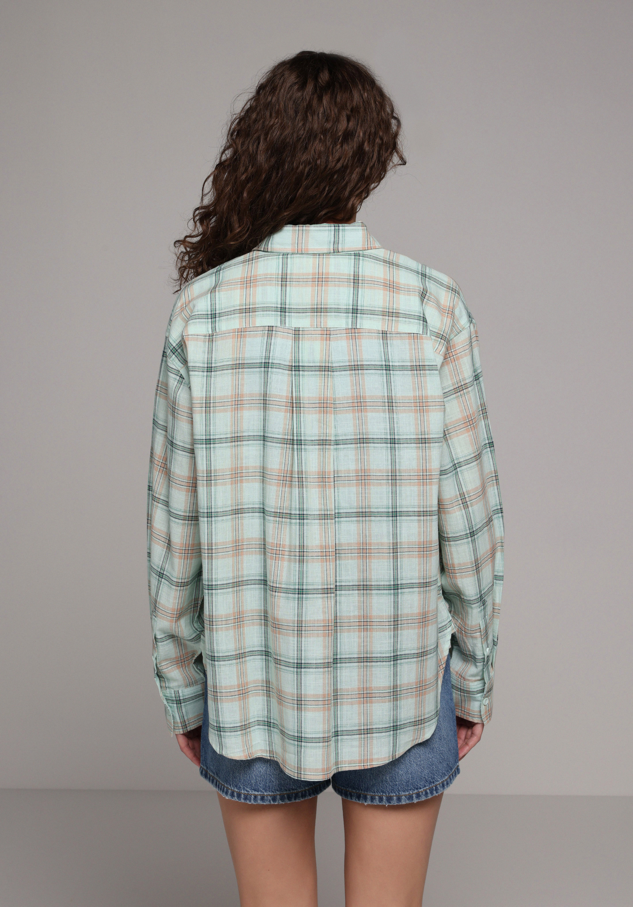 Boyfriend Fit Shirt Neck Ekoseli Kadın Yeşil Uzun Kol Gömlek