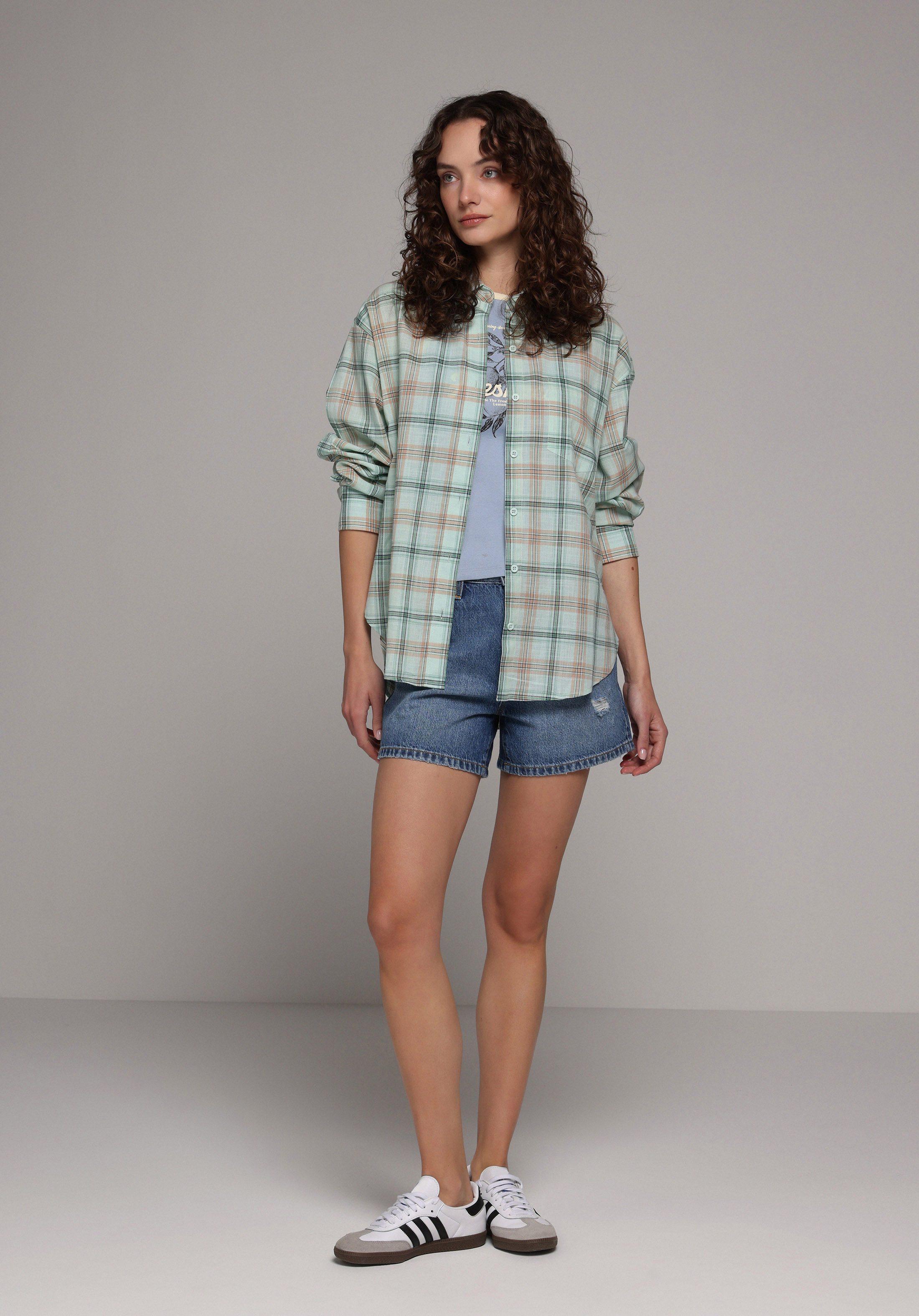 Boyfriend Fit Shirt Neck Ekoseli Kadın Yeşil Uzun Kol Gömlek
