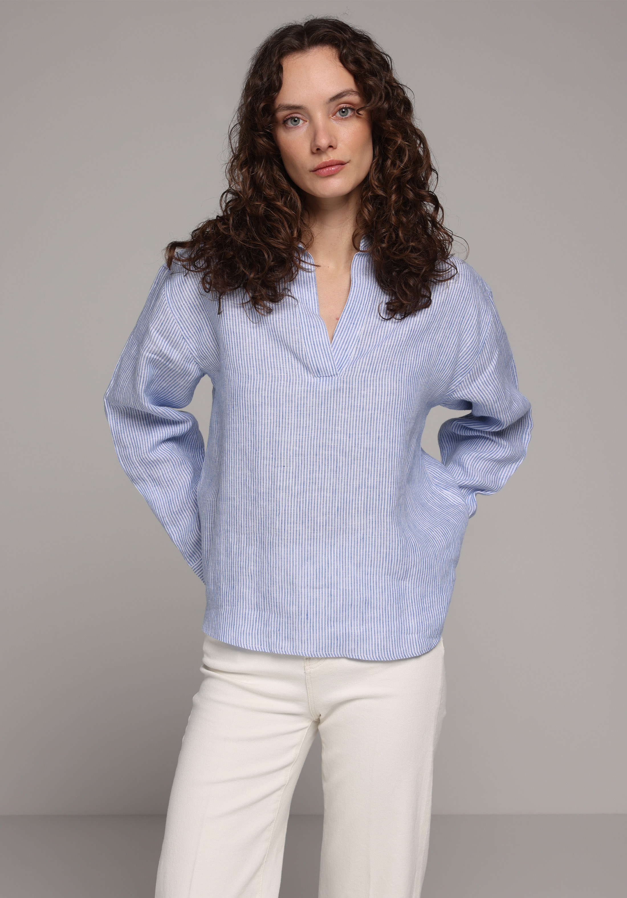 Fashion Fit Shirt Neck Çizgili Kadın Mavi Uzun Kol Gömlek