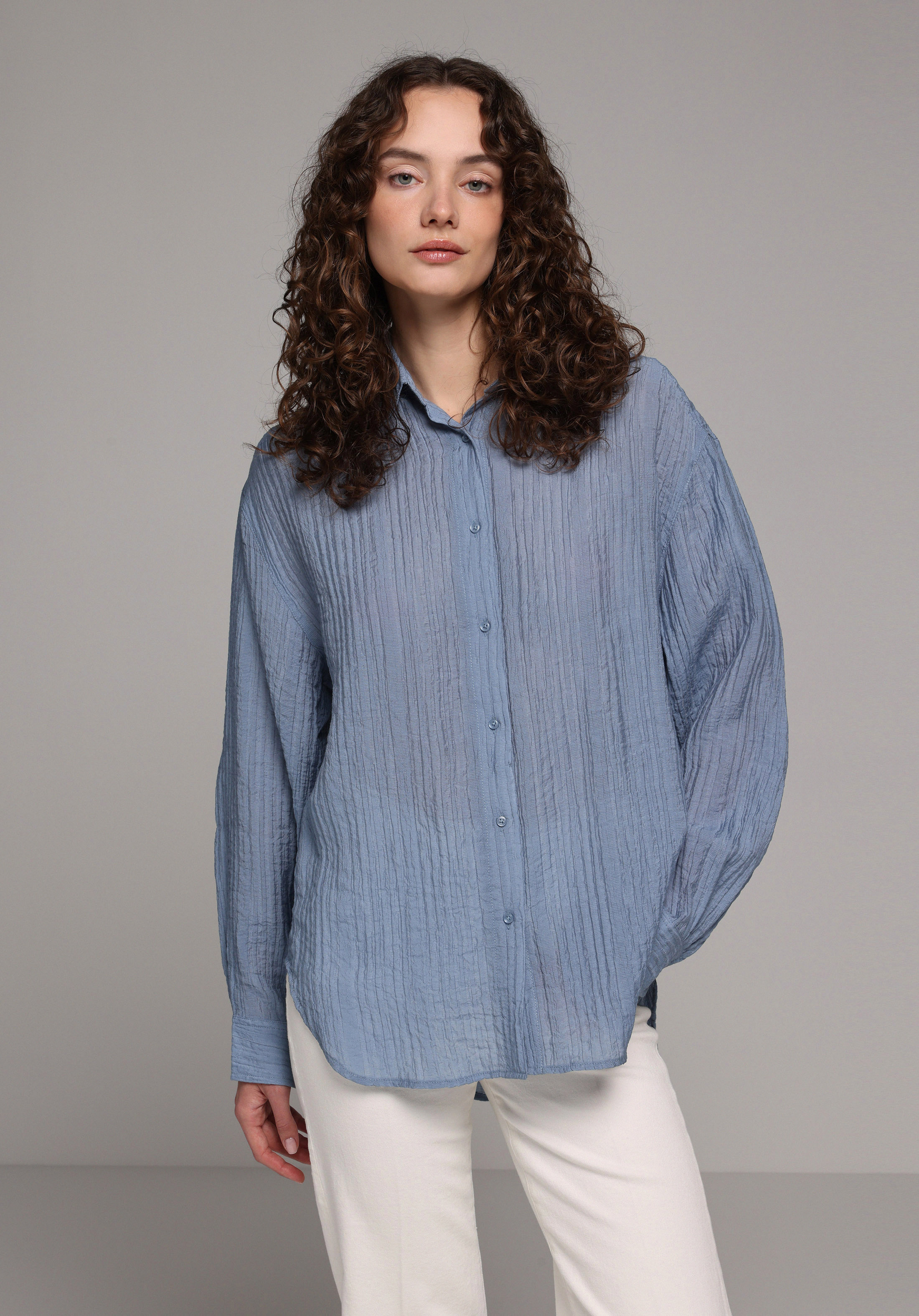Oversize Fit Shirt Neck Düz Kadın Mavi Uzun Kol Gömlek