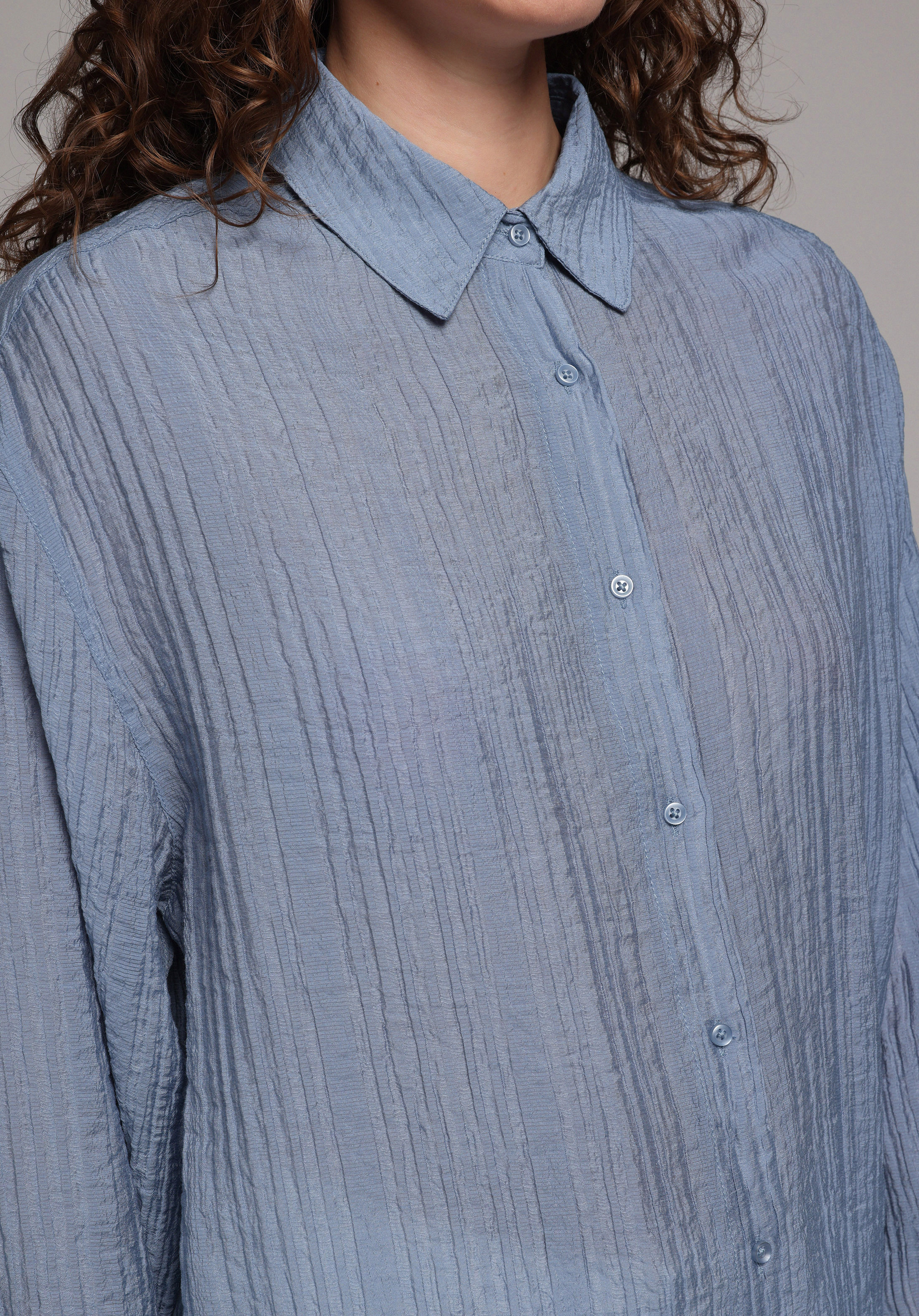 Oversize Fit Shirt Neck Düz Kadın Mavi Uzun Kol Gömlek