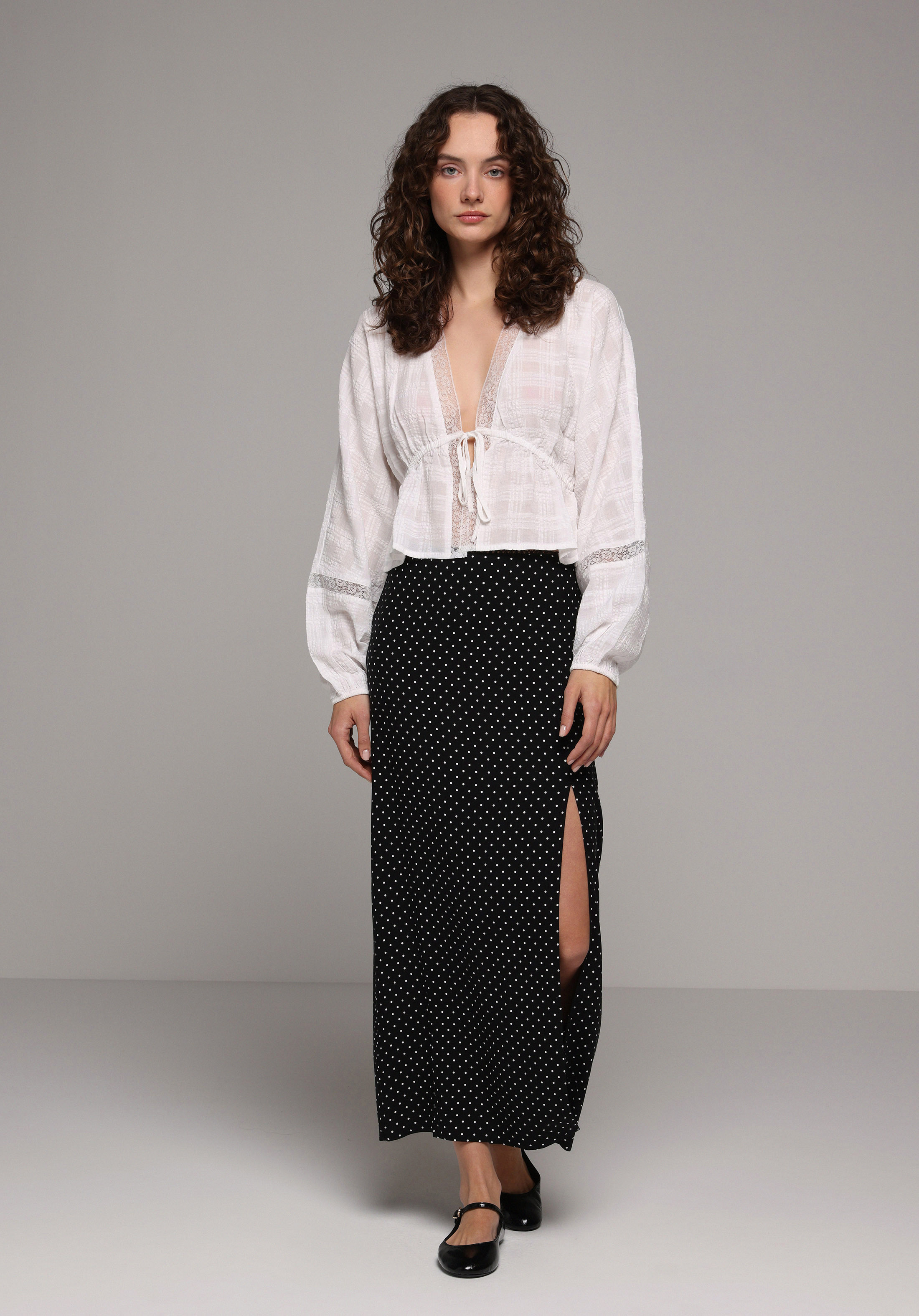 Maxi Length Puantiyeli Fermuarlı Kadın Siyah Etek
