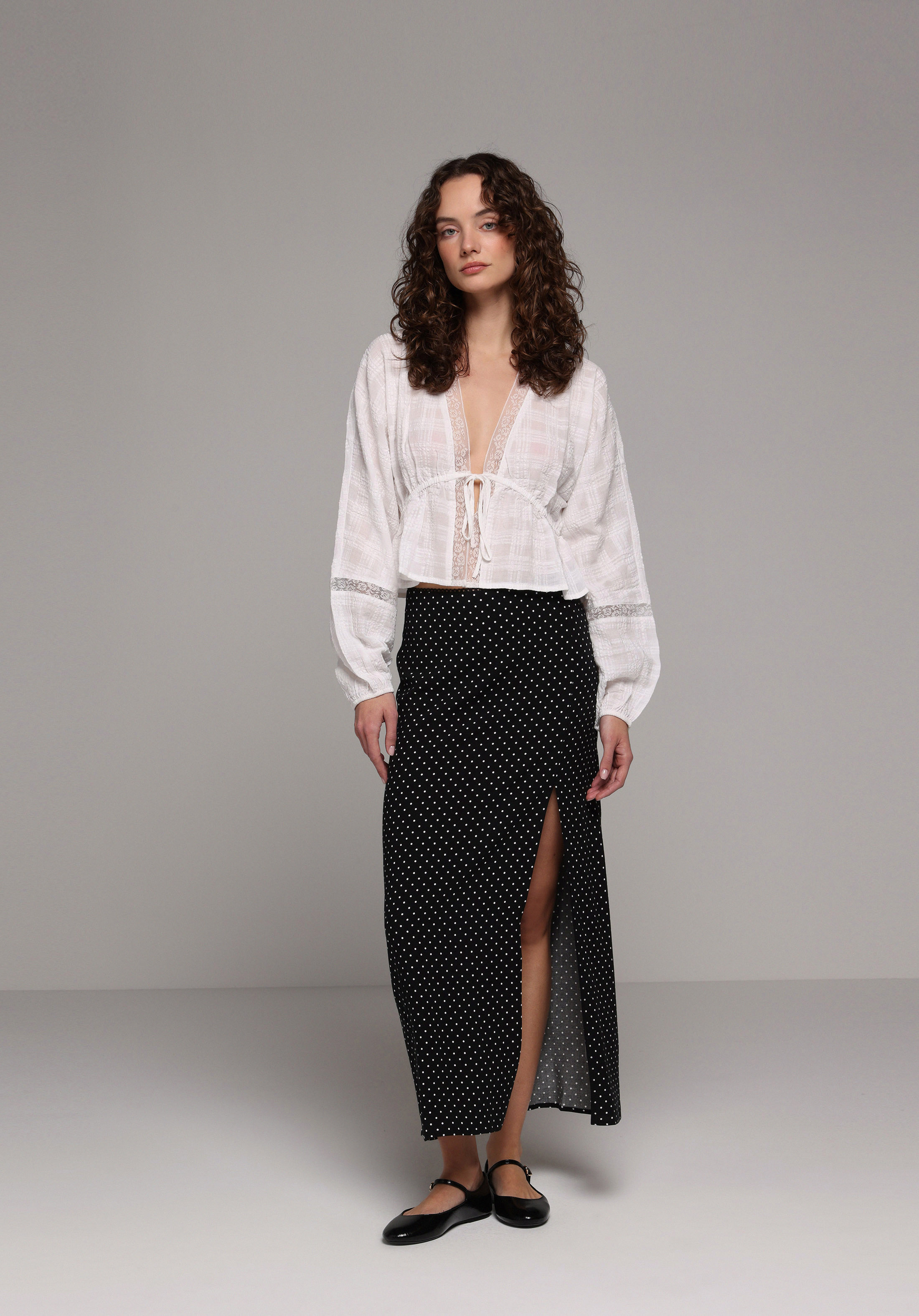 Maxi Length Puantiyeli Fermuarlı Kadın Siyah Etek