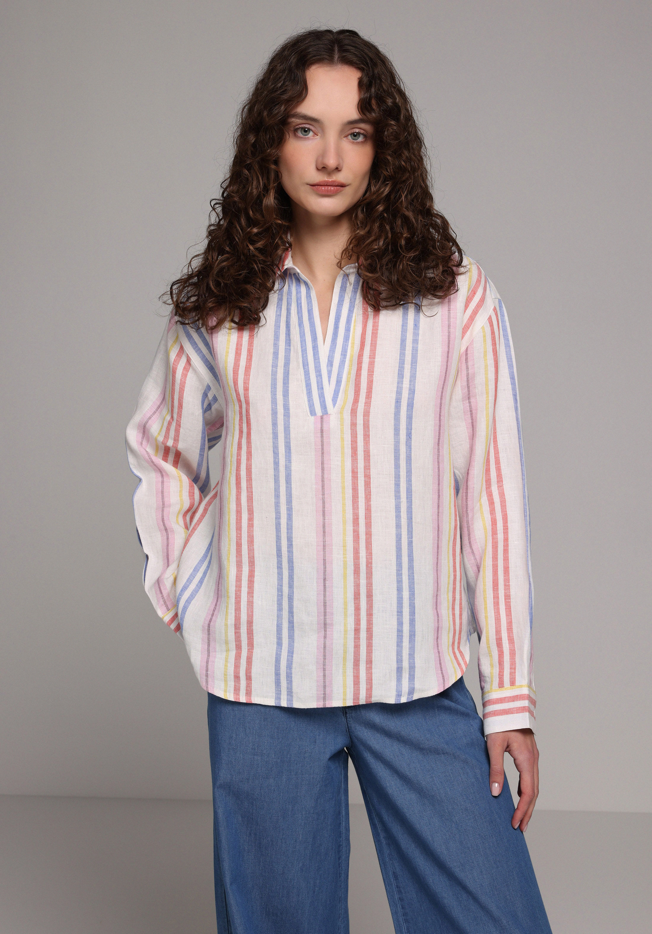 Fashion Fit Shirt Neck Çizgili Kadın Çok Renkli Uzun Kol Gömlek