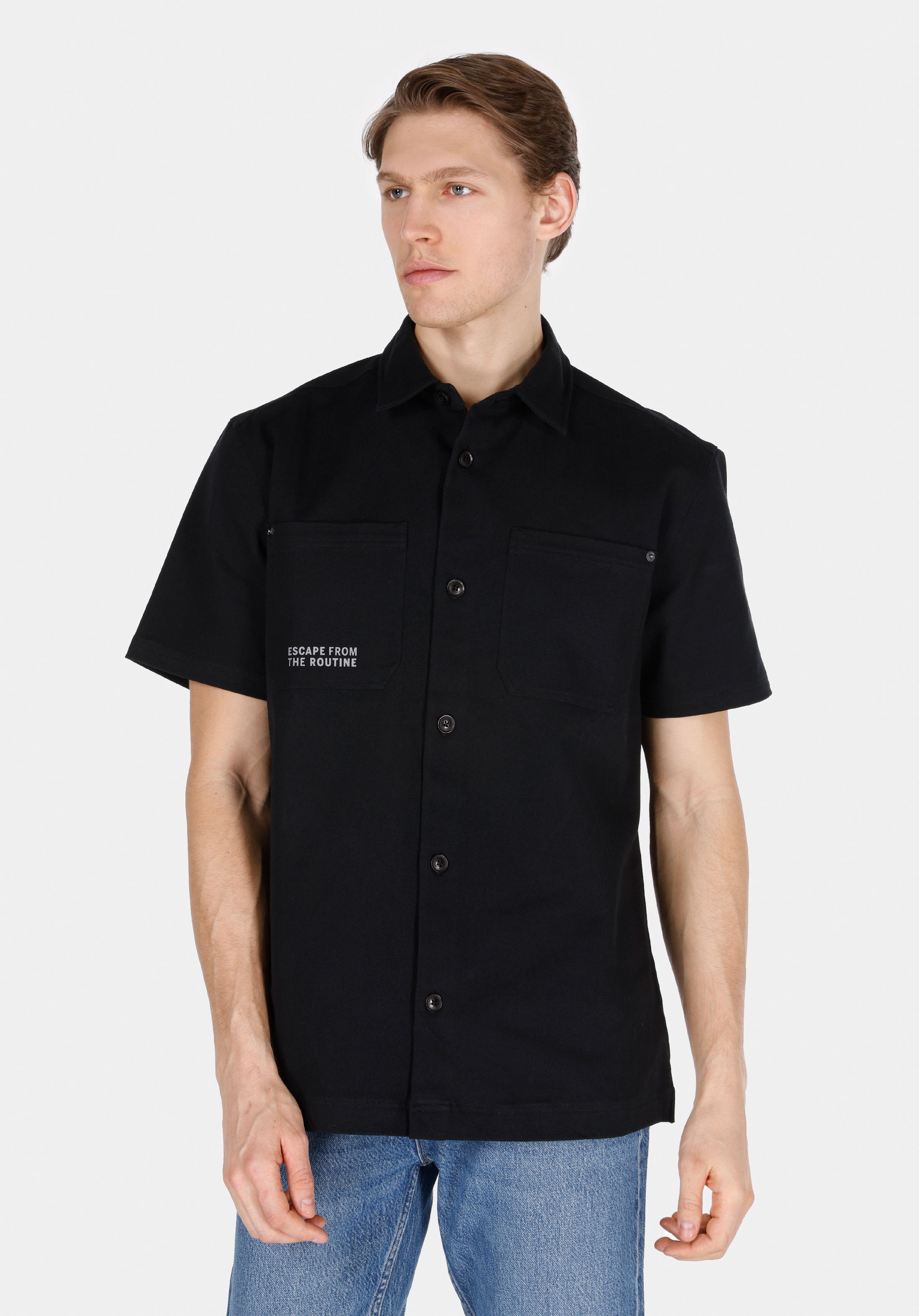 Comfort Fit Shirt Neck Düz Erkek Siyah Kısa Kol Gömlek