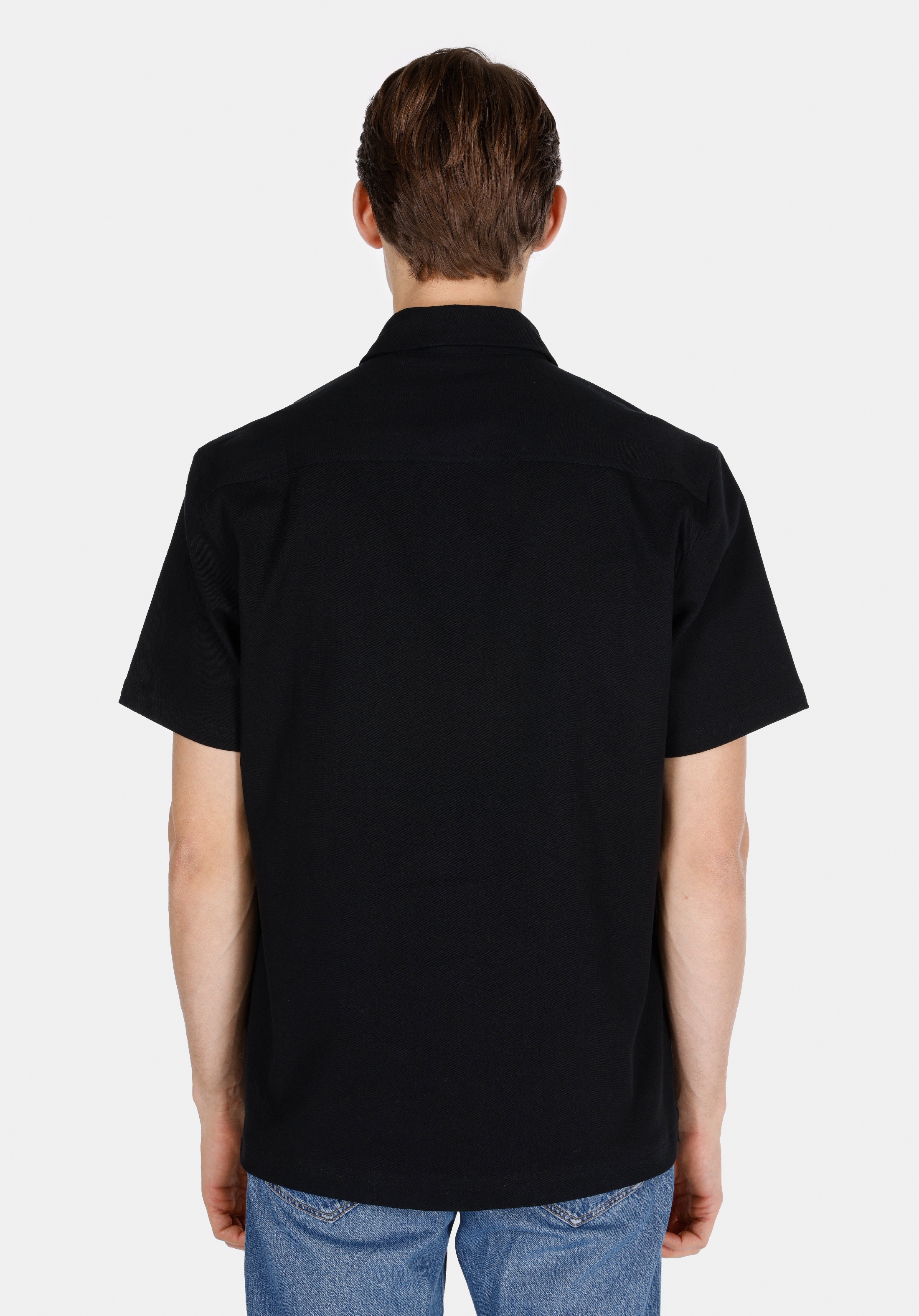 Comfort Fit Shirt Neck Düz Erkek Siyah Kısa Kol Gömlek