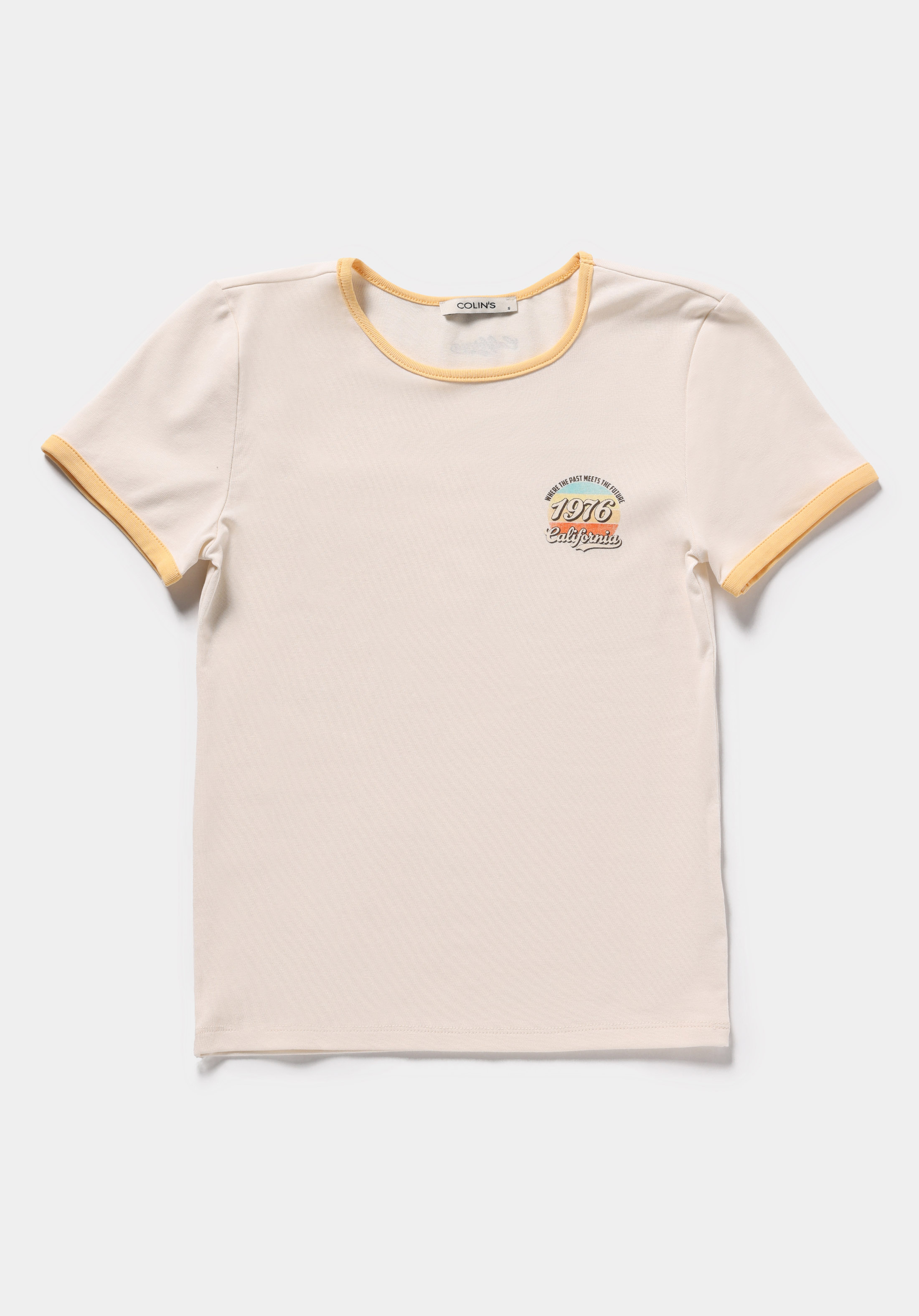 Slim Fit Yuvarlak Yaka Baskılı Kadın Ekru Kısa Kol Tişört