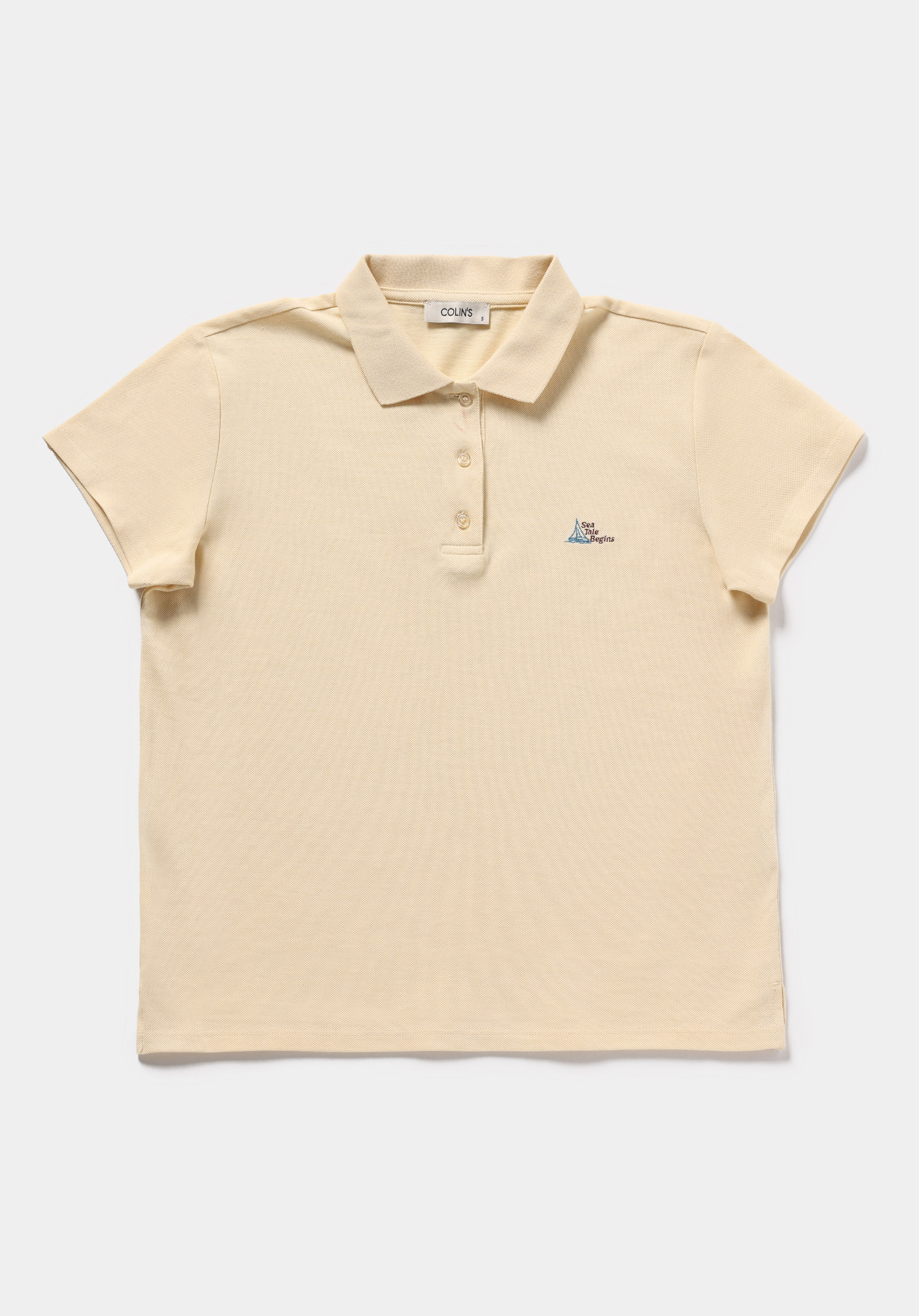 Regular Fit Polo Yaka Nakışlı Kadın Sari Kısa Kol Tişört