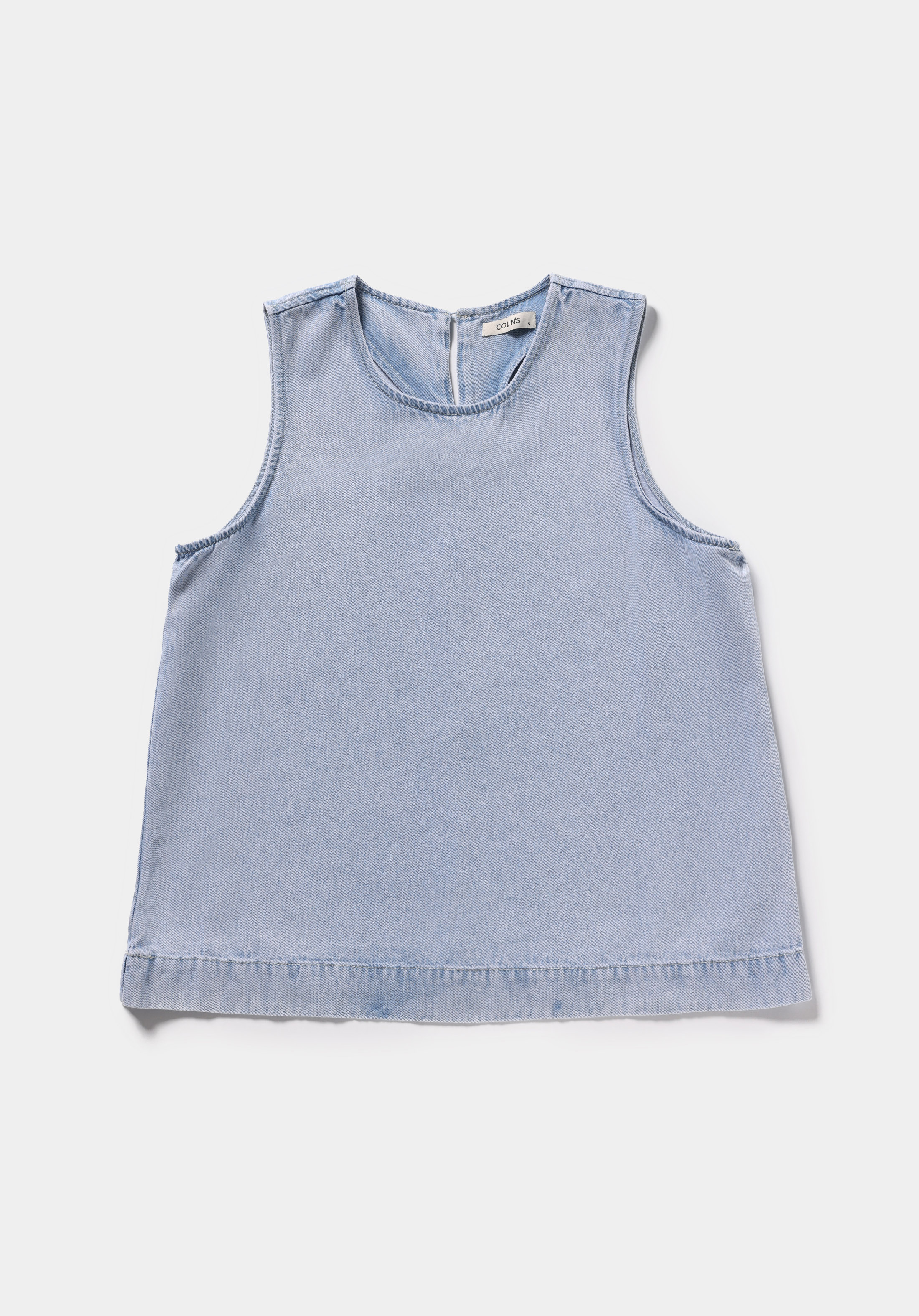 Regular Fit Yuvarlak Yaka Düz Kadın Bleach İndigo Denim Kolsuz Gömlek
