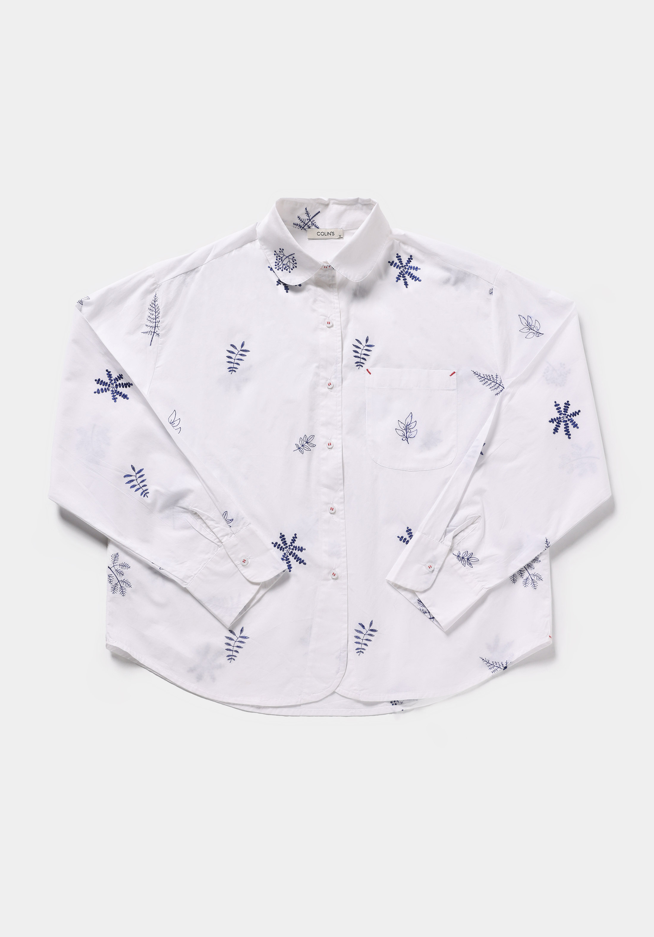 Boyfriend Shirt Neck Nakışlı Kadın Ekru Uzun Kol Gömlek