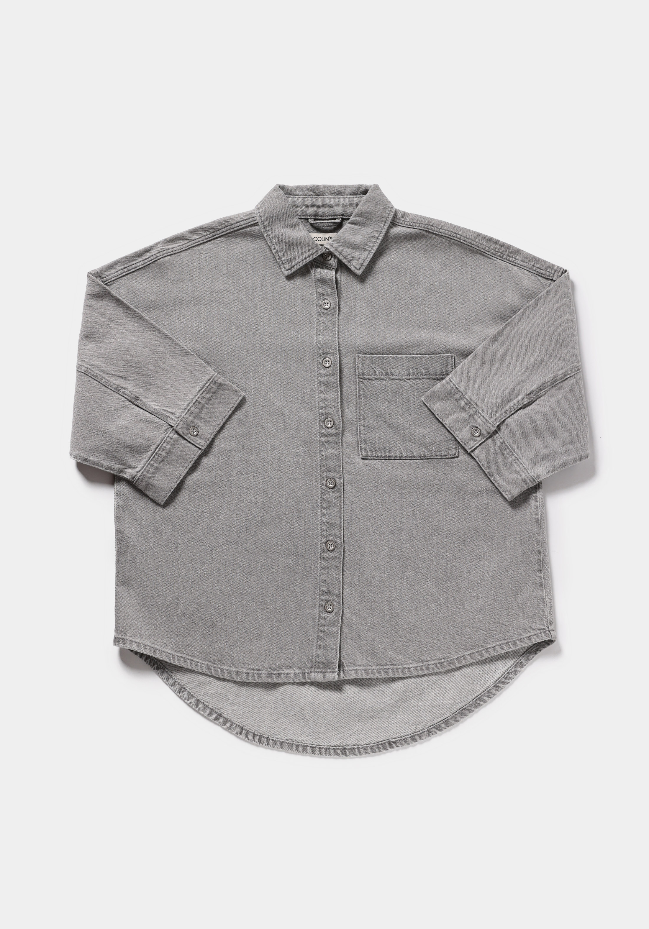 Oversize Fit Klasik Yaka Düz Kadın Grey Denim Uzun Kol Gömlek