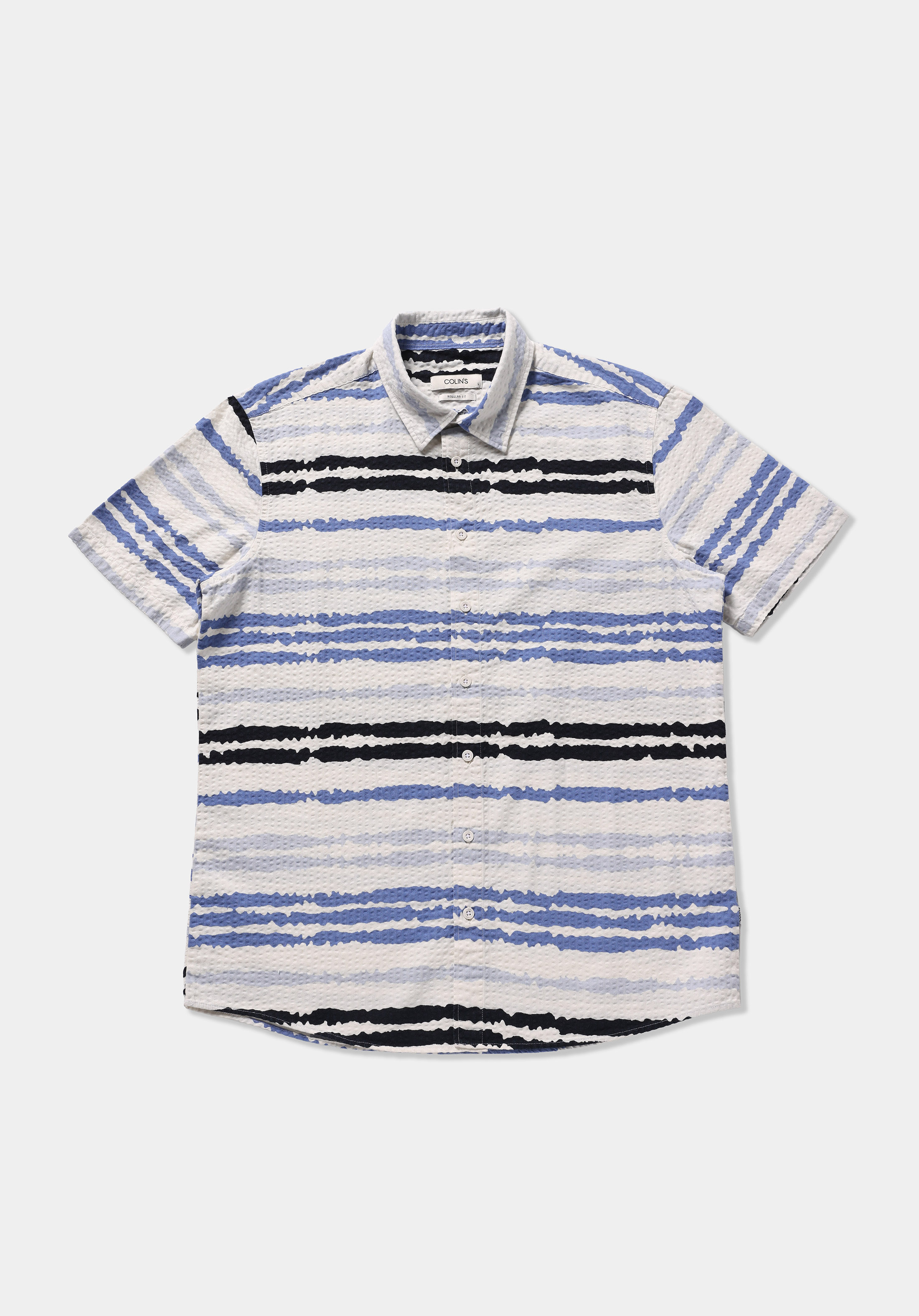 Regular Fit Shirt Neck Çizgili Erkek Mavi Kısa Kol Gömlek