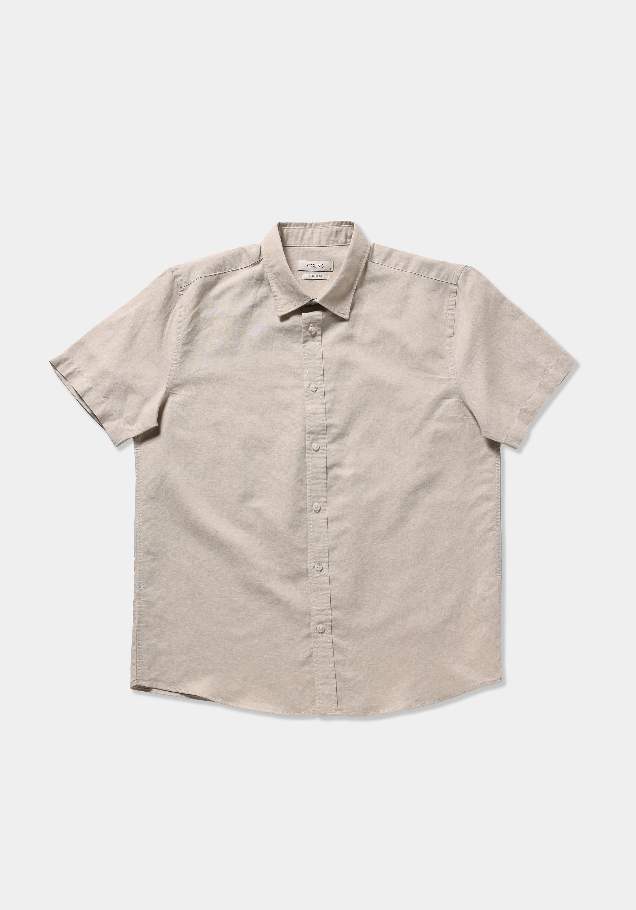 Regular Fit Shirt Neck Düz Erkek Bej Uzun Kol Gömlek
