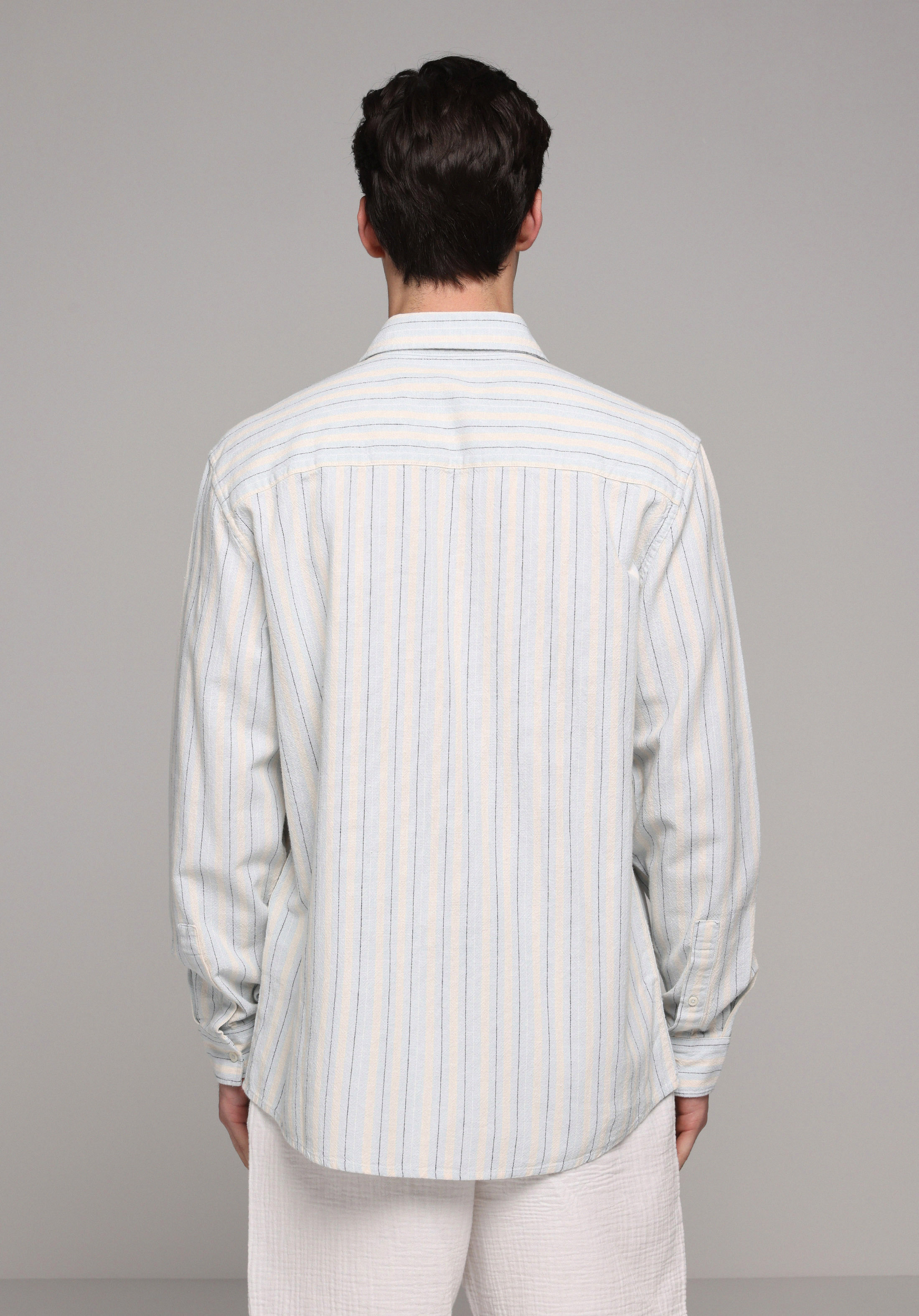 Relaxed Fit Shirt Neck Çizgili Erkek Mavi Uzun Kol Gömlek