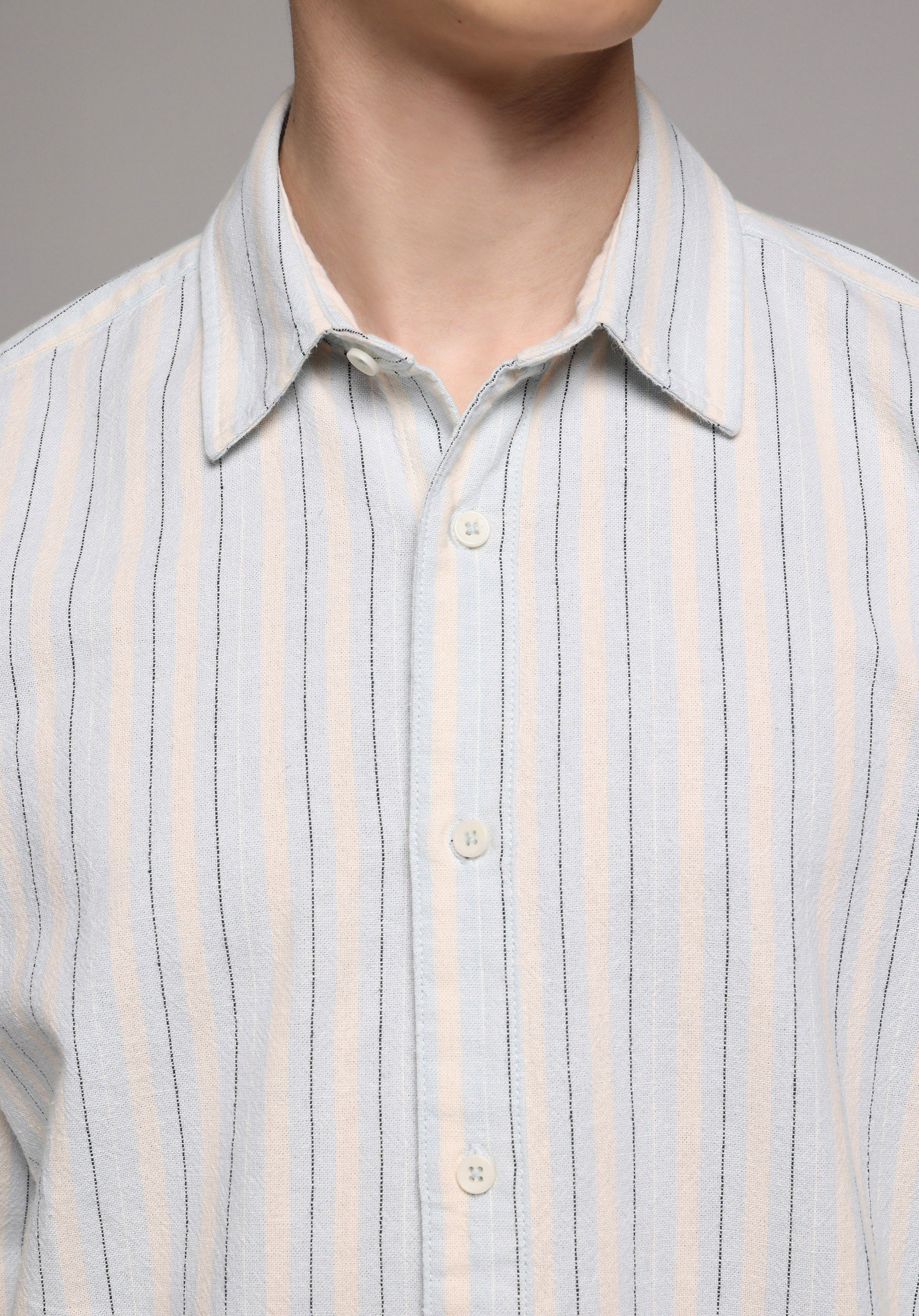 Relaxed Fit Shirt Neck Çizgili Erkek Mavi Uzun Kol Gömlek