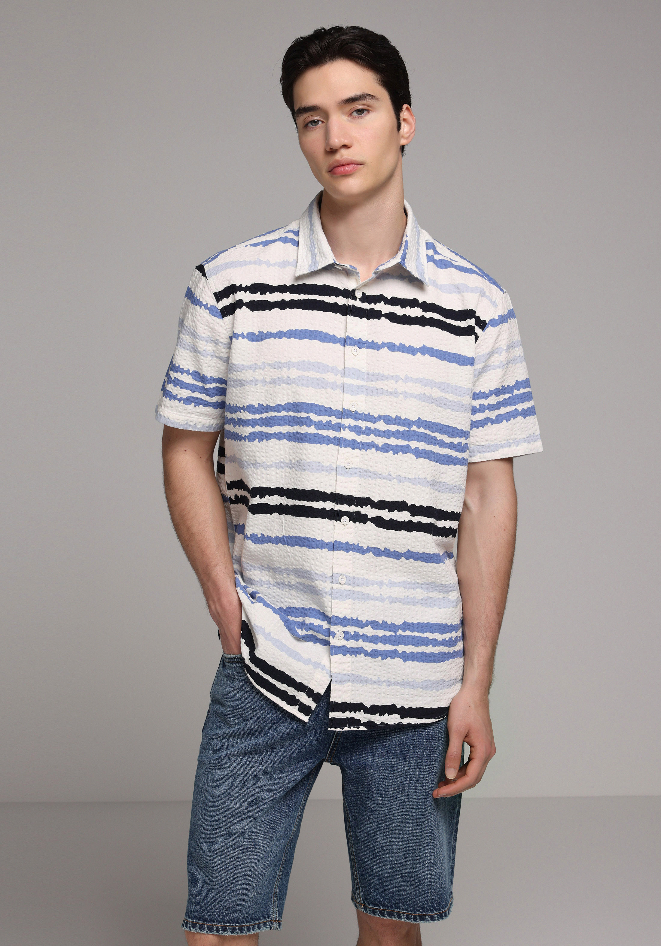 Regular Fit Shirt Neck Çizgili Erkek Mavi Kısa Kol Gömlek