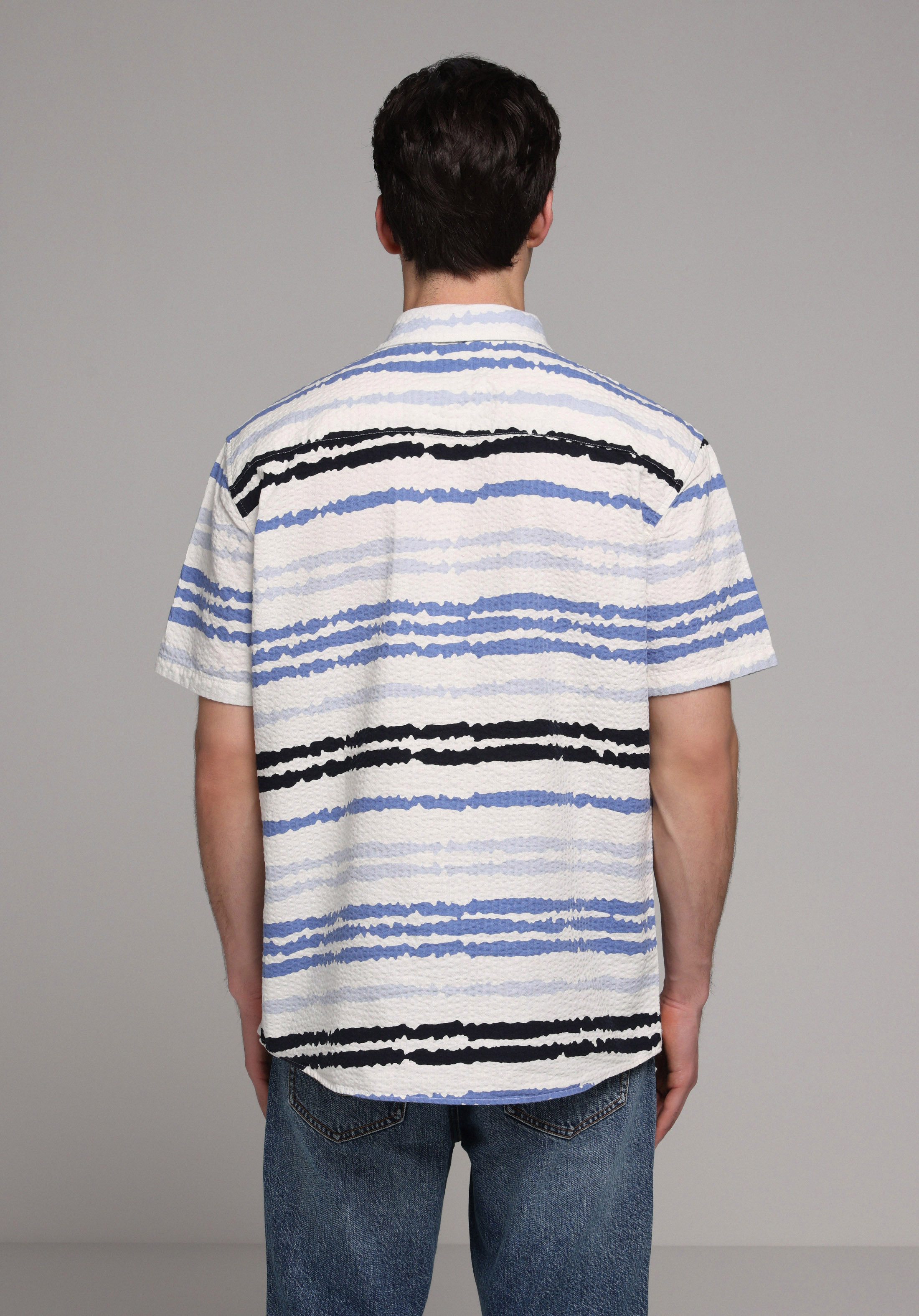 Regular Fit Shirt Neck Çizgili Erkek Mavi Kısa Kol Gömlek