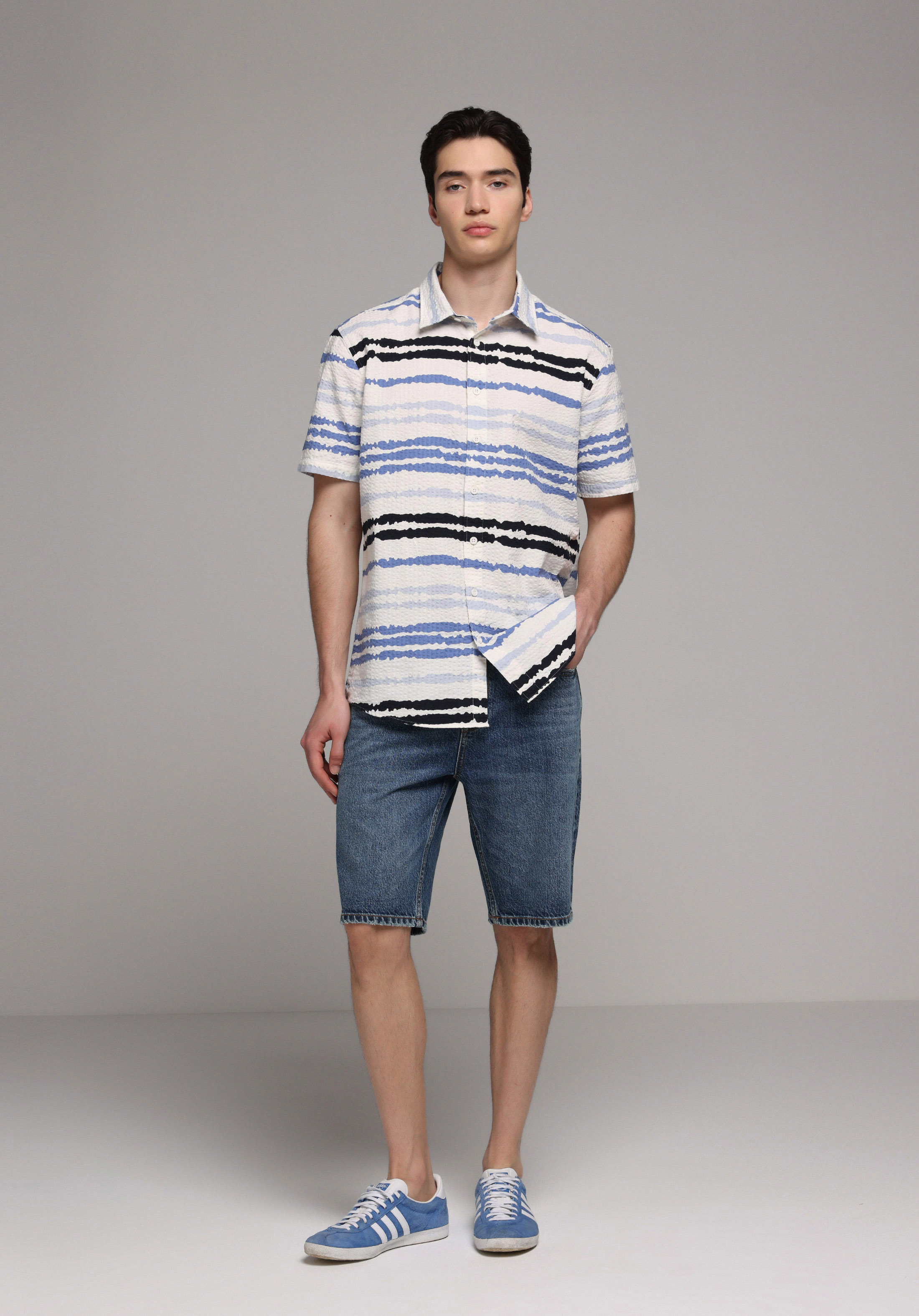 Regular Fit Shirt Neck Çizgili Erkek Mavi Kısa Kol Gömlek