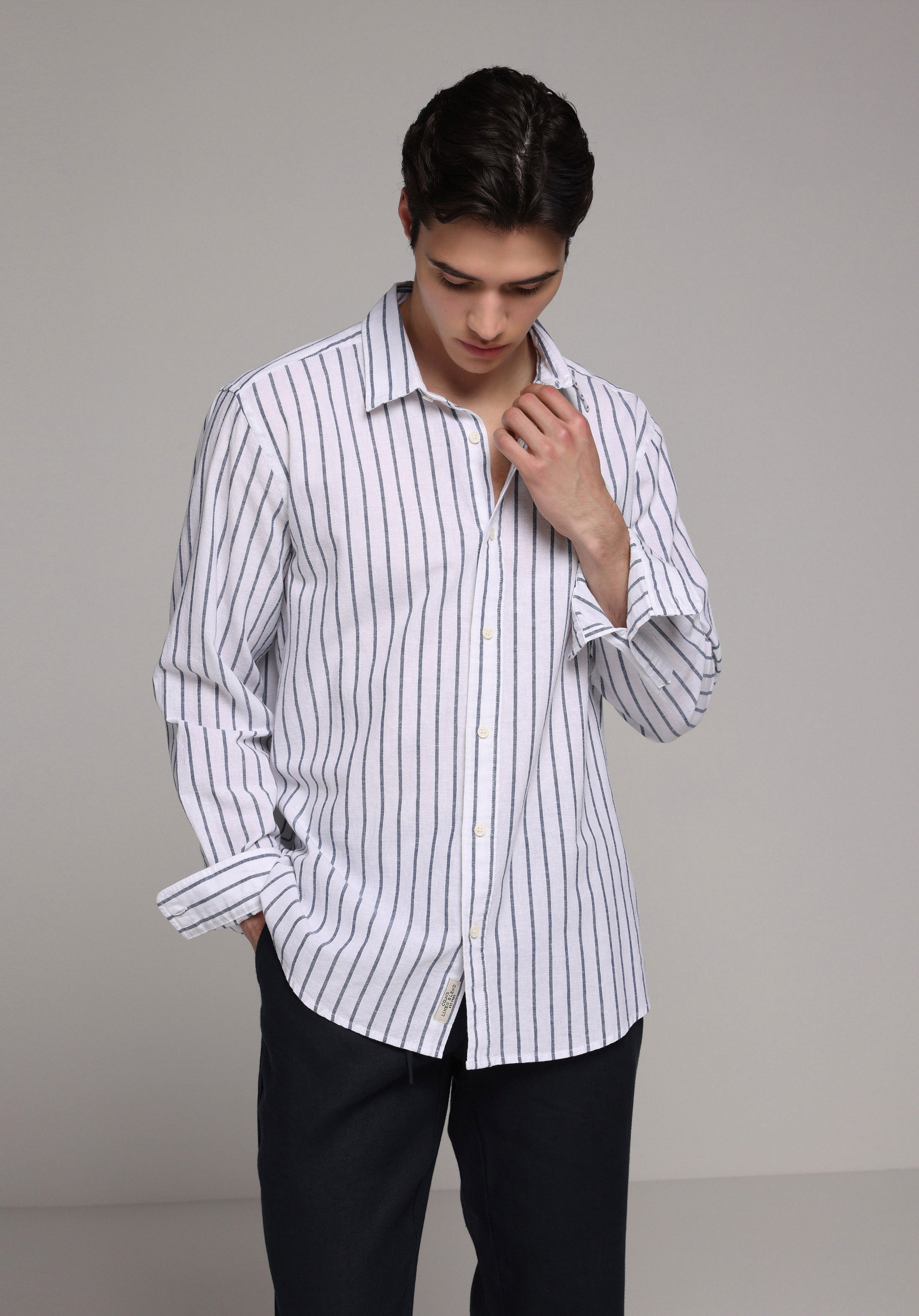 Regular Fit Shirt Neck Çizgili Erkek Lacivert Uzun Kol Gömlek