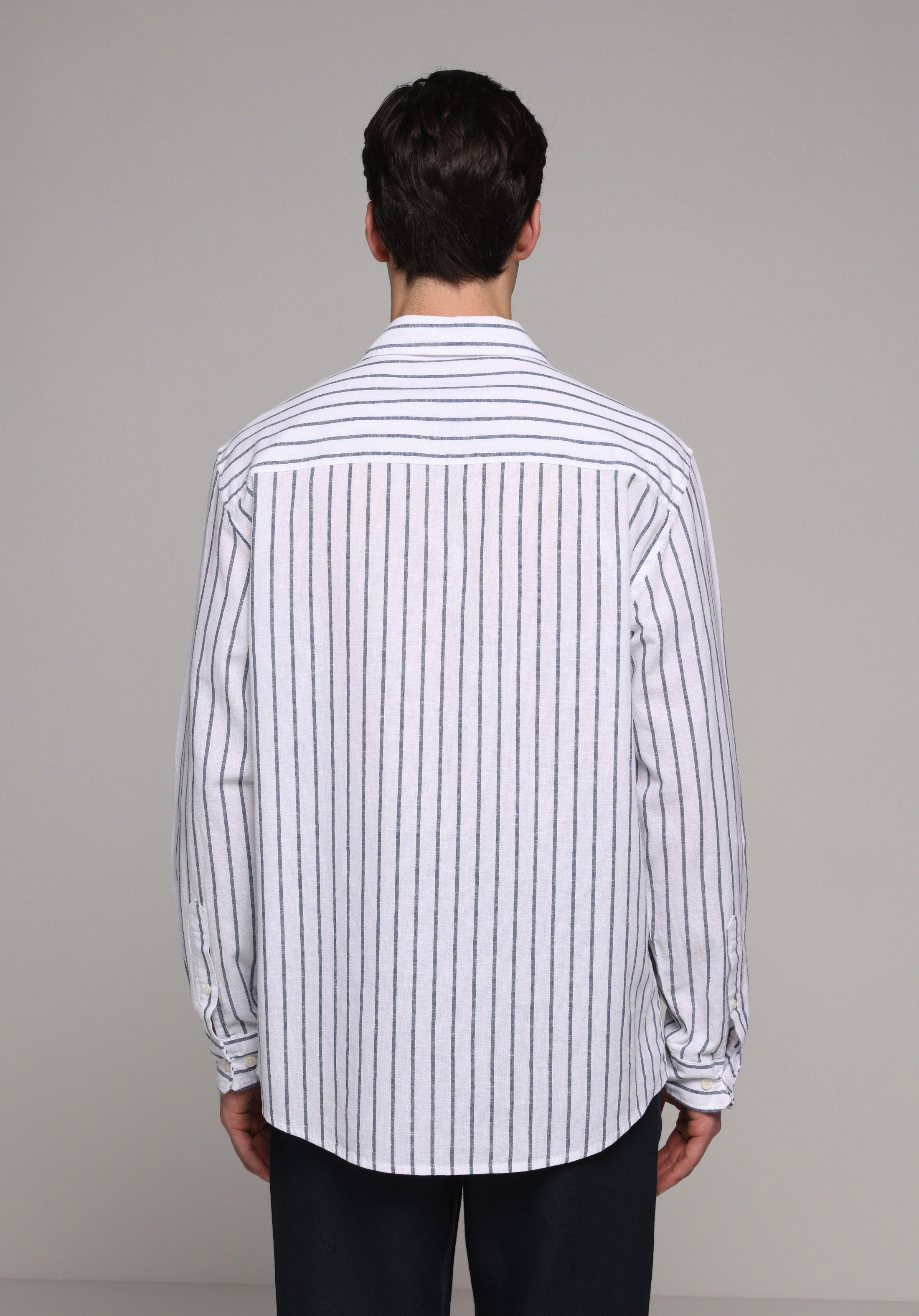Regular Fit Shirt Neck Çizgili Erkek Lacivert Uzun Kol Gömlek