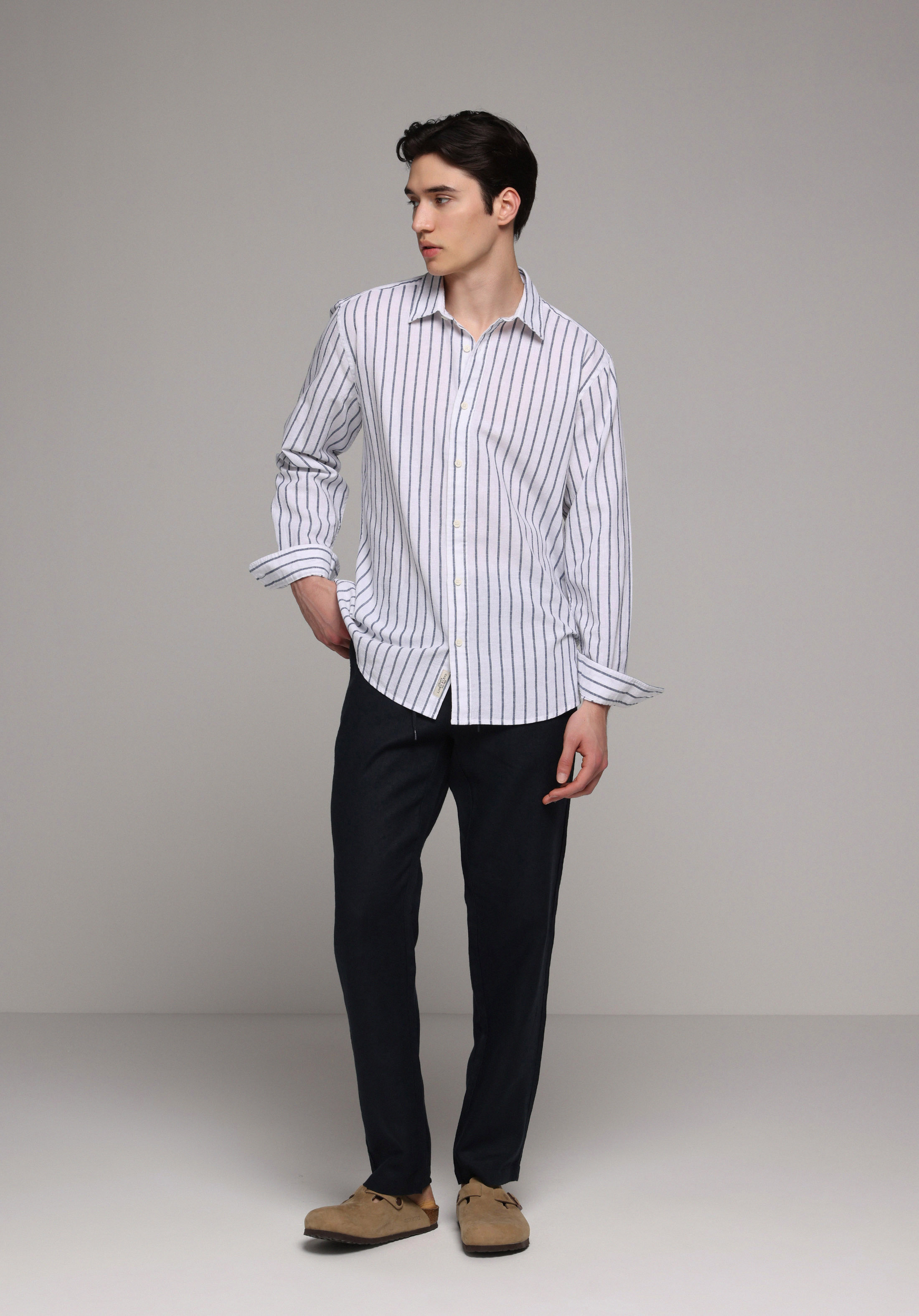 Regular Fit Shirt Neck Çizgili Erkek Lacivert Uzun Kol Gömlek