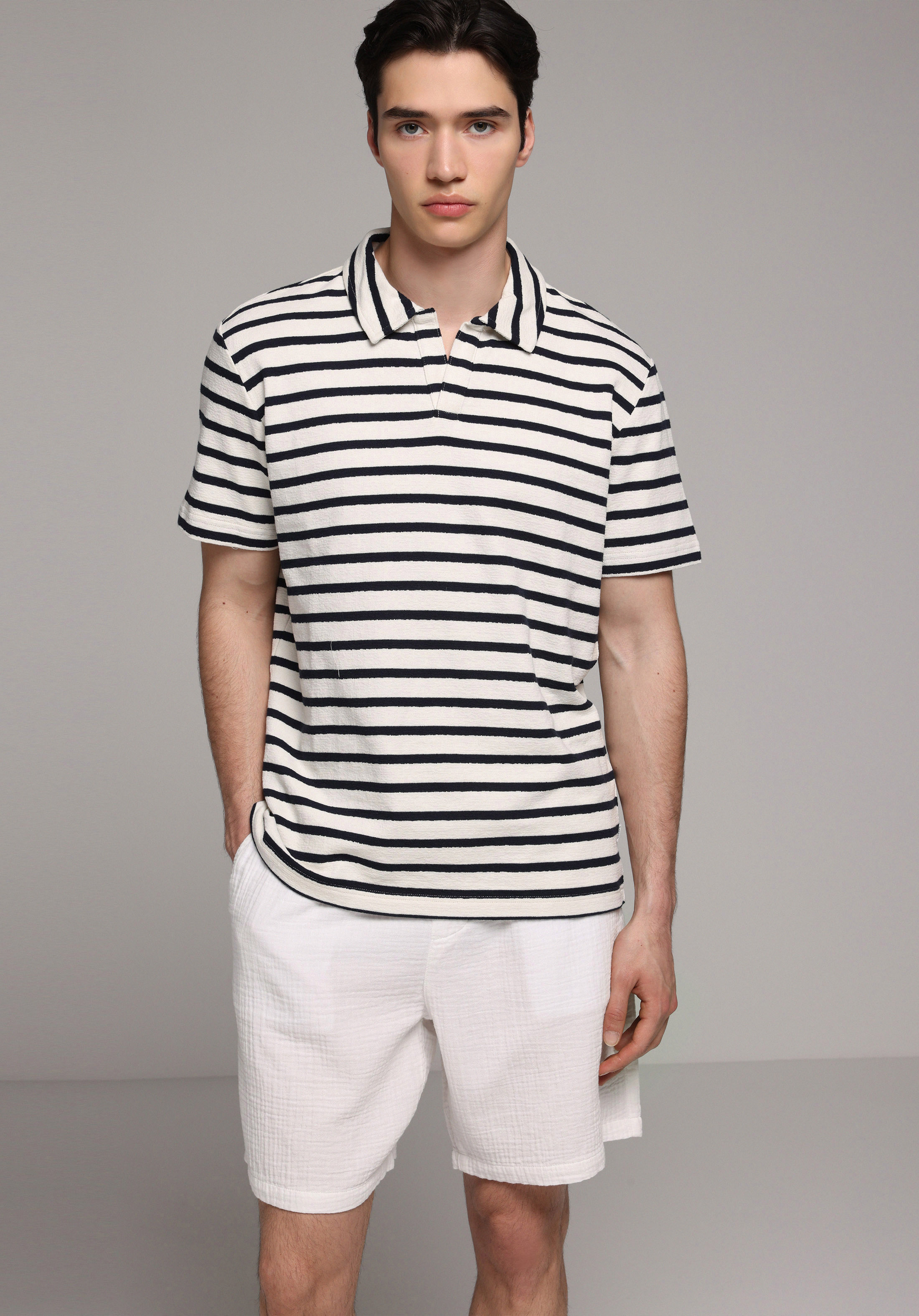 Regular Fit Polo Yaka Çizgili Erkek Lacivert Kısa Kol Tişört