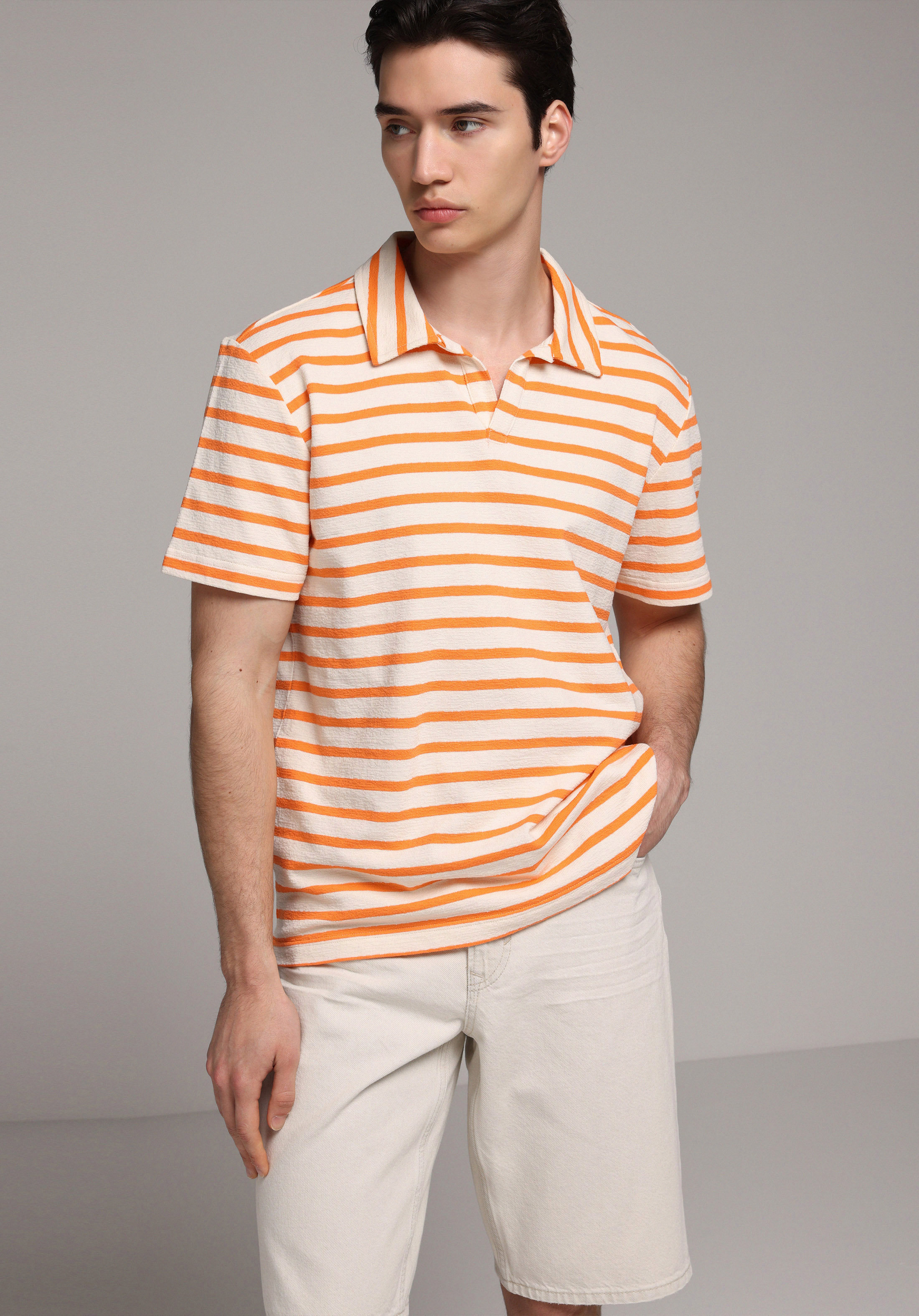 Regular Fit Polo Yaka Çizgili Erkek Turuncu Kısa Kol Tişört