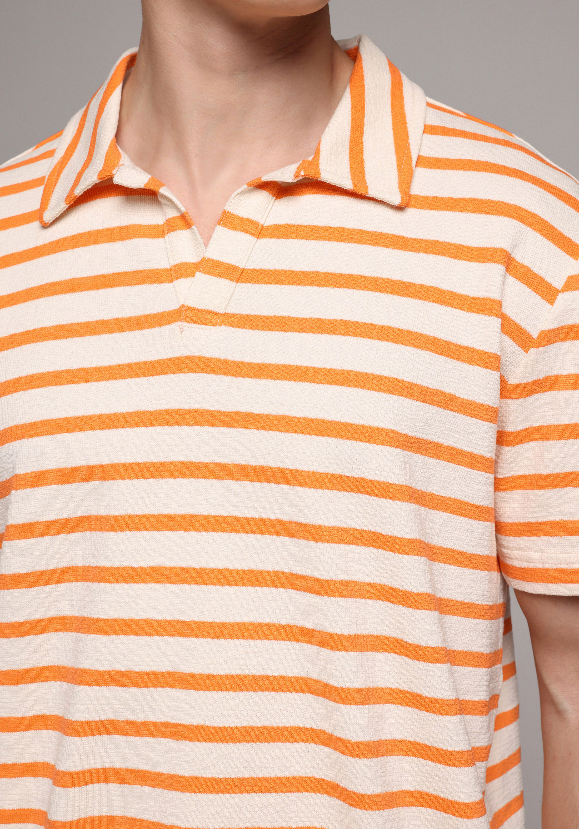 Regular Fit Polo Yaka Çizgili Erkek Turuncu Kısa Kol Tişört