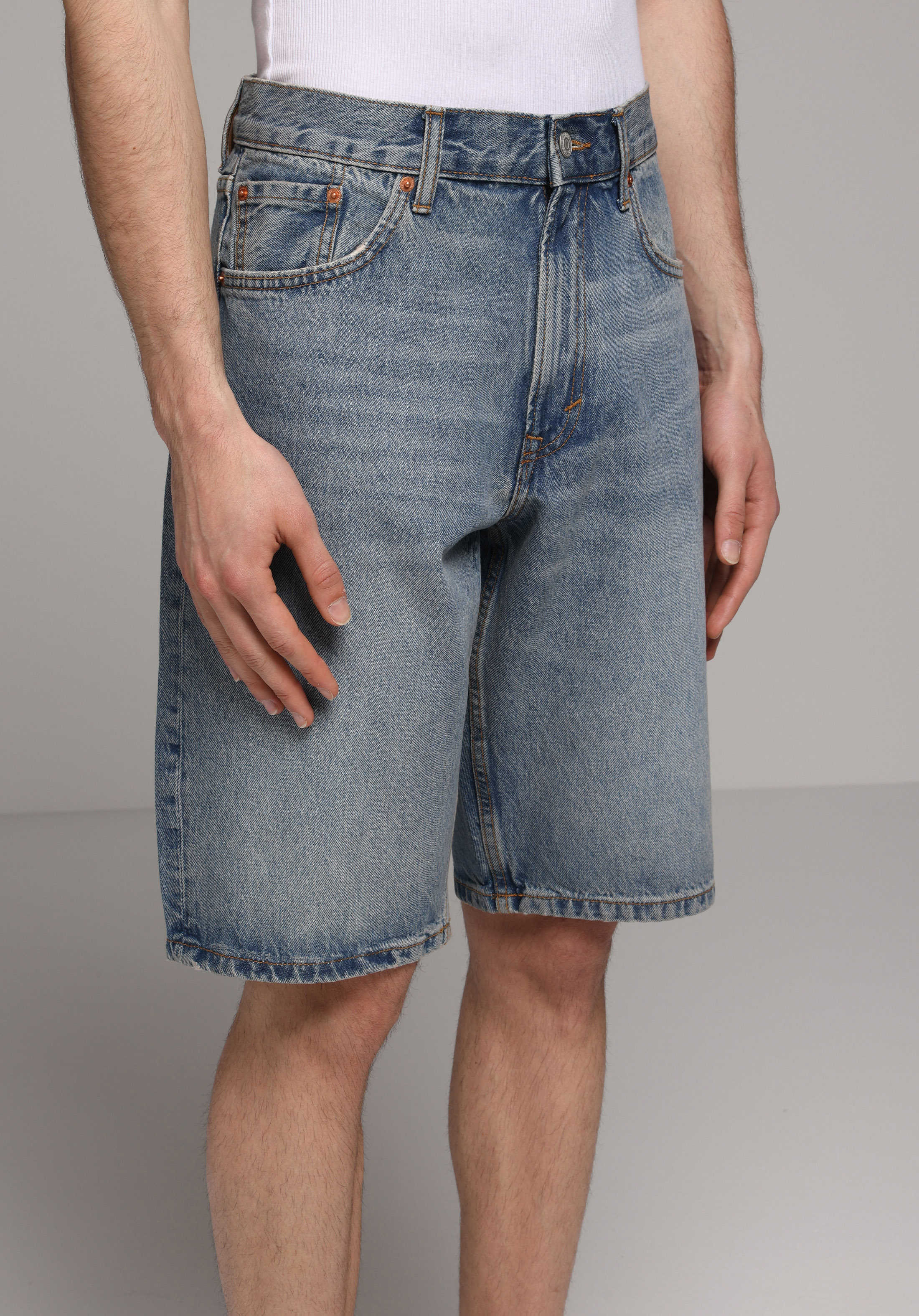 Loose Straight Fit Orta Bel Düz Erkek Mid İndigo Denim Jean Şort