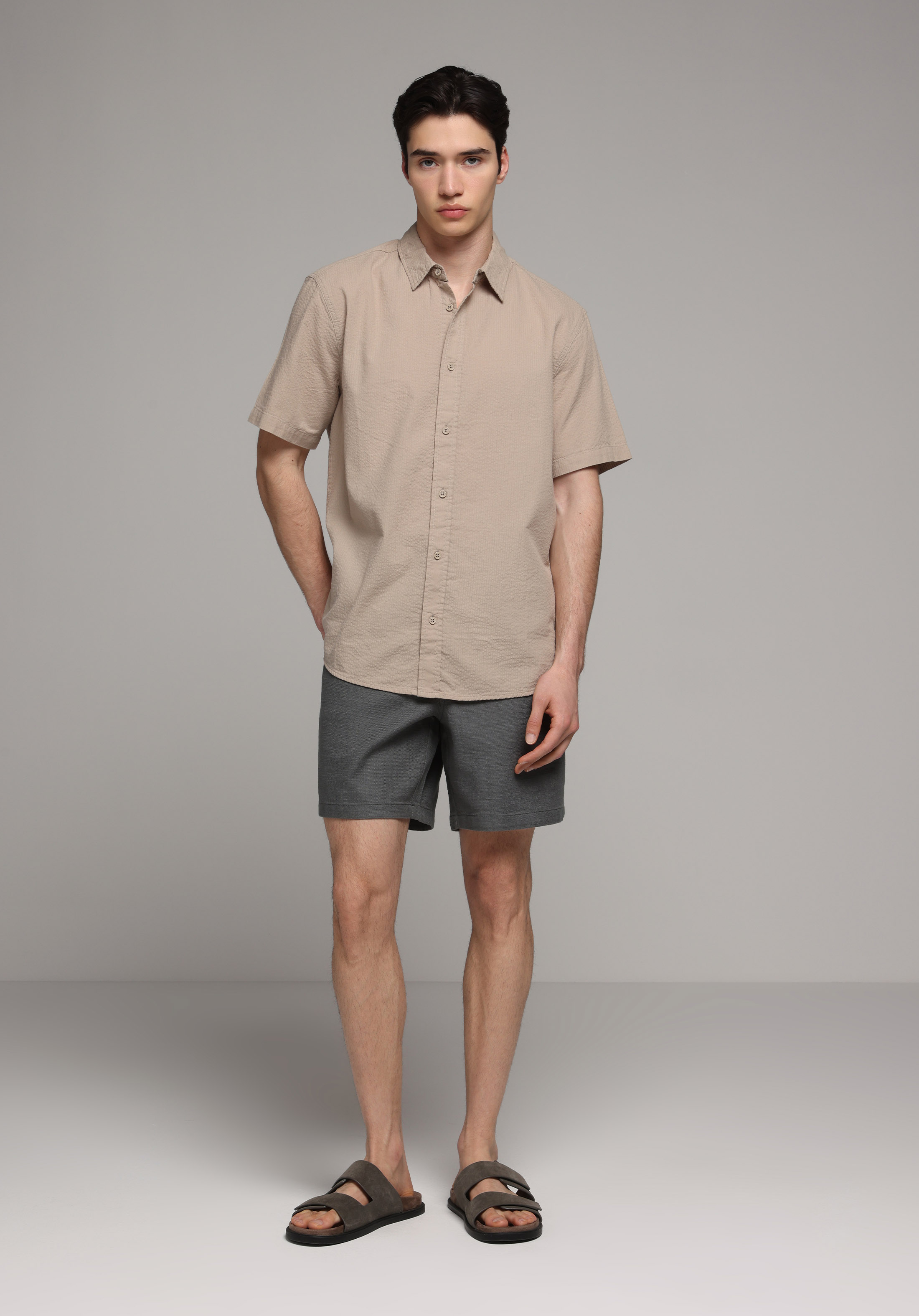 Regular Fit Shirt Neck Düz Erkek Bej Kısa Kol Gömlek